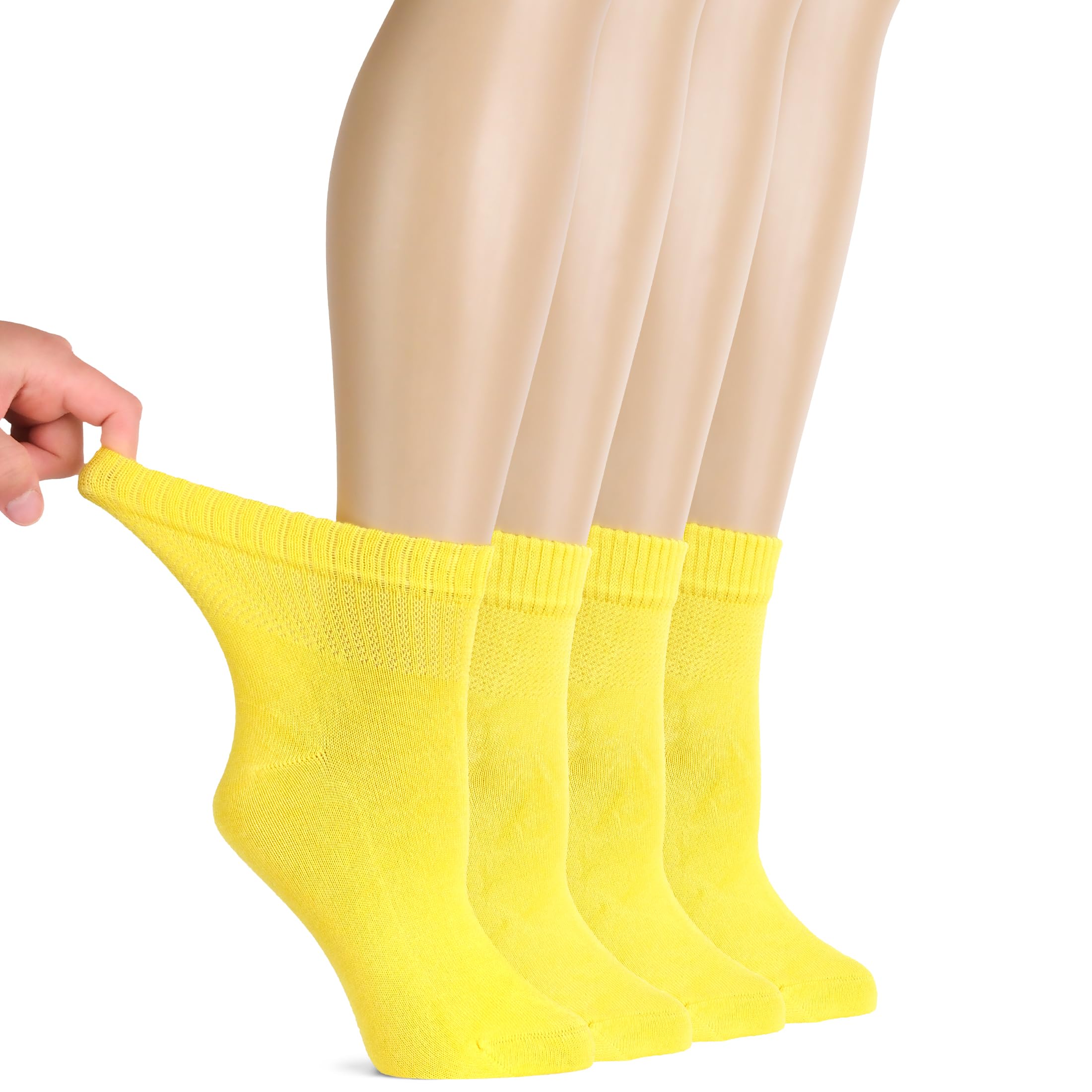 Hugh Ugoli Women Diabetic Ankle Socks, Super Soft & Thin Bamboo Socks, Wide & Loose, Non-Binding Top & Seamless Toe, 4 Pairs, Ye