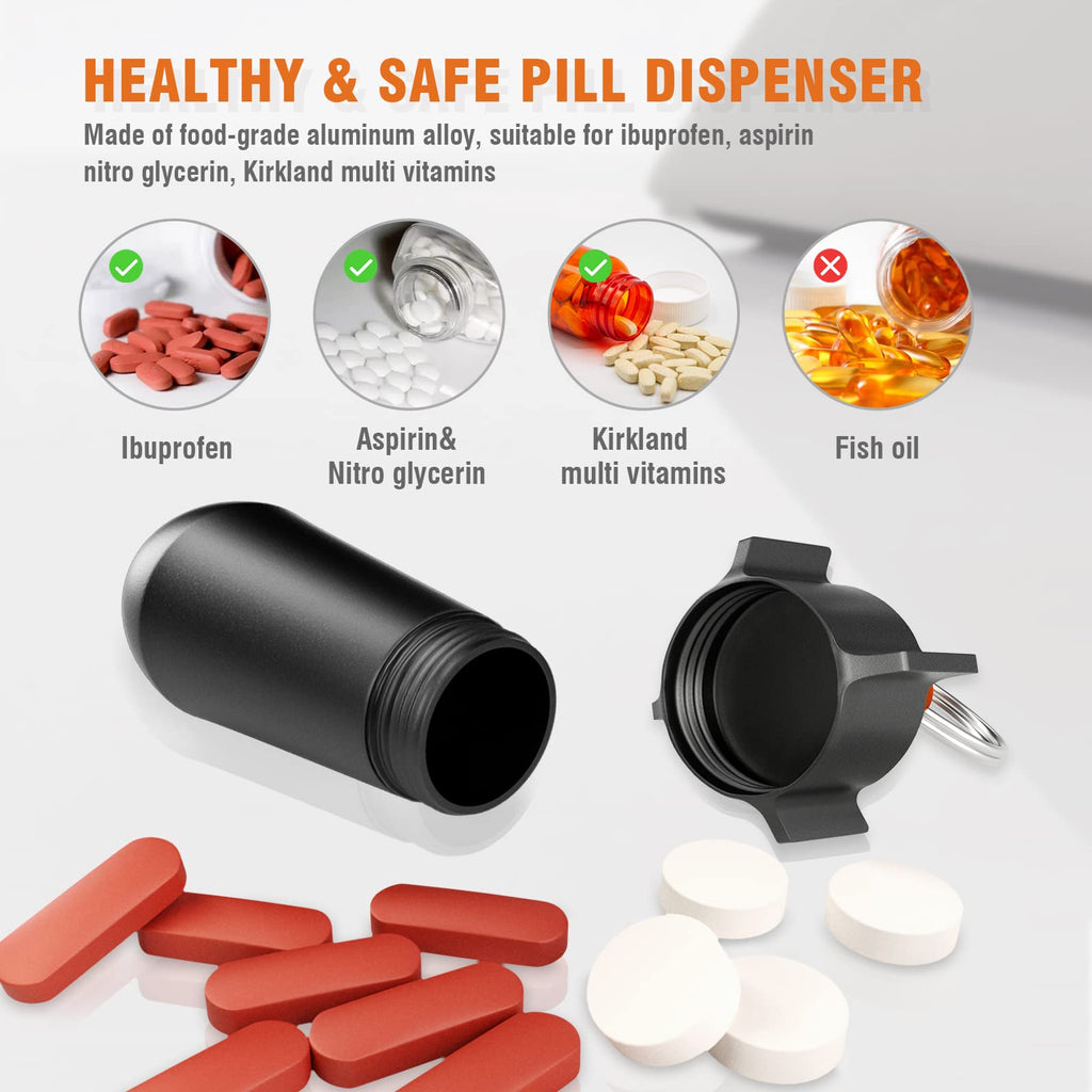 2 Packs Pill Keychain, Pill Case, Waterproof Pill Holder, Portable Pill Container, Aluminum Alloy, Single Chamber, Small Pocket