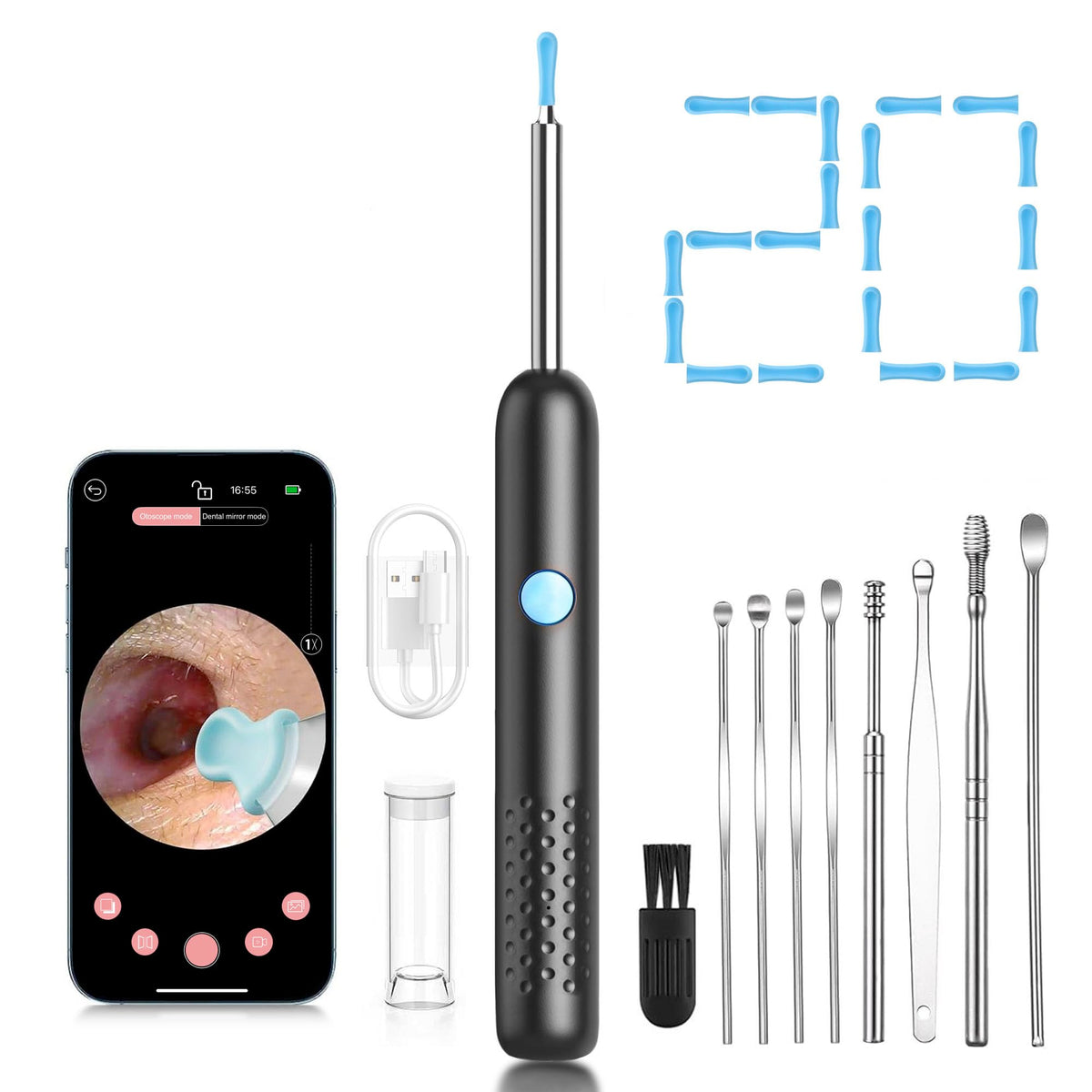 Ear Wax Removal Tool Camera, Ear Cleaner with Camera and 6 LED Light, 1080p HD Ear Scope, Ear Cleaning kit, 9 Ear Tools and 20 E