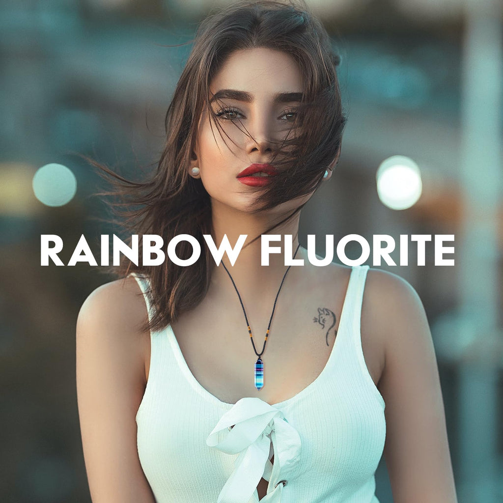 Runyangshi Rainbow Fluorite Healing Crystal Pendants, Double Pointed Natural Crystal Quartz Necklace 6 Faceted Chakra Crystal Wa