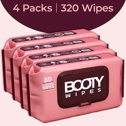 BOOTY WIPES Flushable Wipes Women - 80 Count, Pack of 4 Wet Wipes for Adults - pH Balanced Feminine Wipes with Aloe and Vitamin 