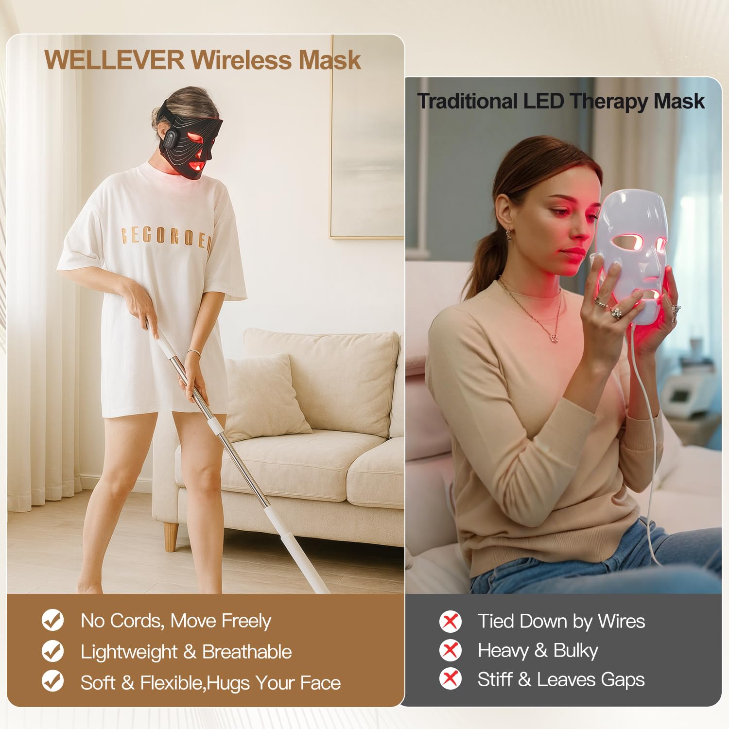 WELLEVER Red Light Therapy Mask for Face, Wireless Led Face Mask Light Therapy with 850nm Near-Infrared, 4 Modes Rechargeable Le