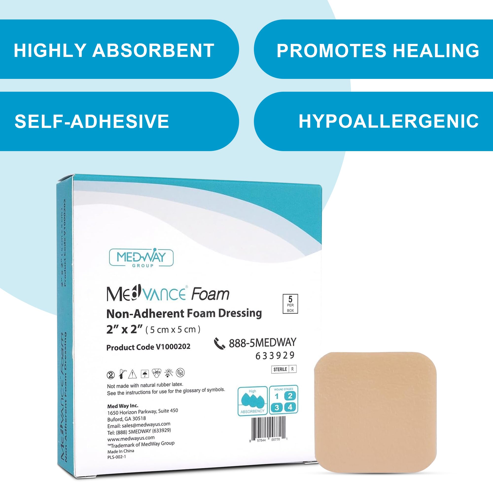 MedVance TM Foam - Waterproof Non-Adhesive Hydrophilic Foam Dressing 2X 2 Box of 5 dressings