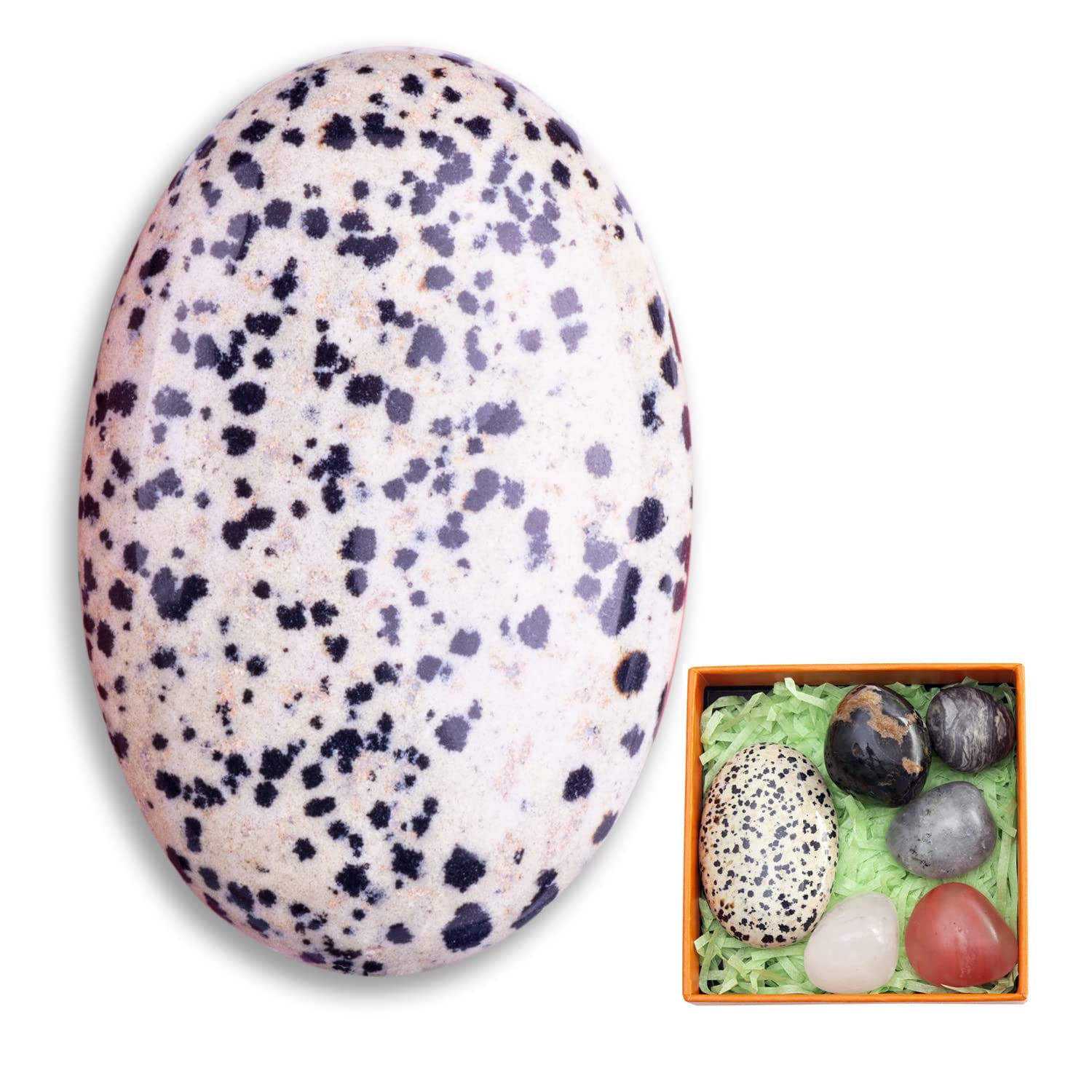 1PC Balmatin Natural Oval Worry Stone 2.4+5 PCs Natural Stones, STINO Real Crystal Dalmatian Palm Stone for Anxitey, Pocket Heal