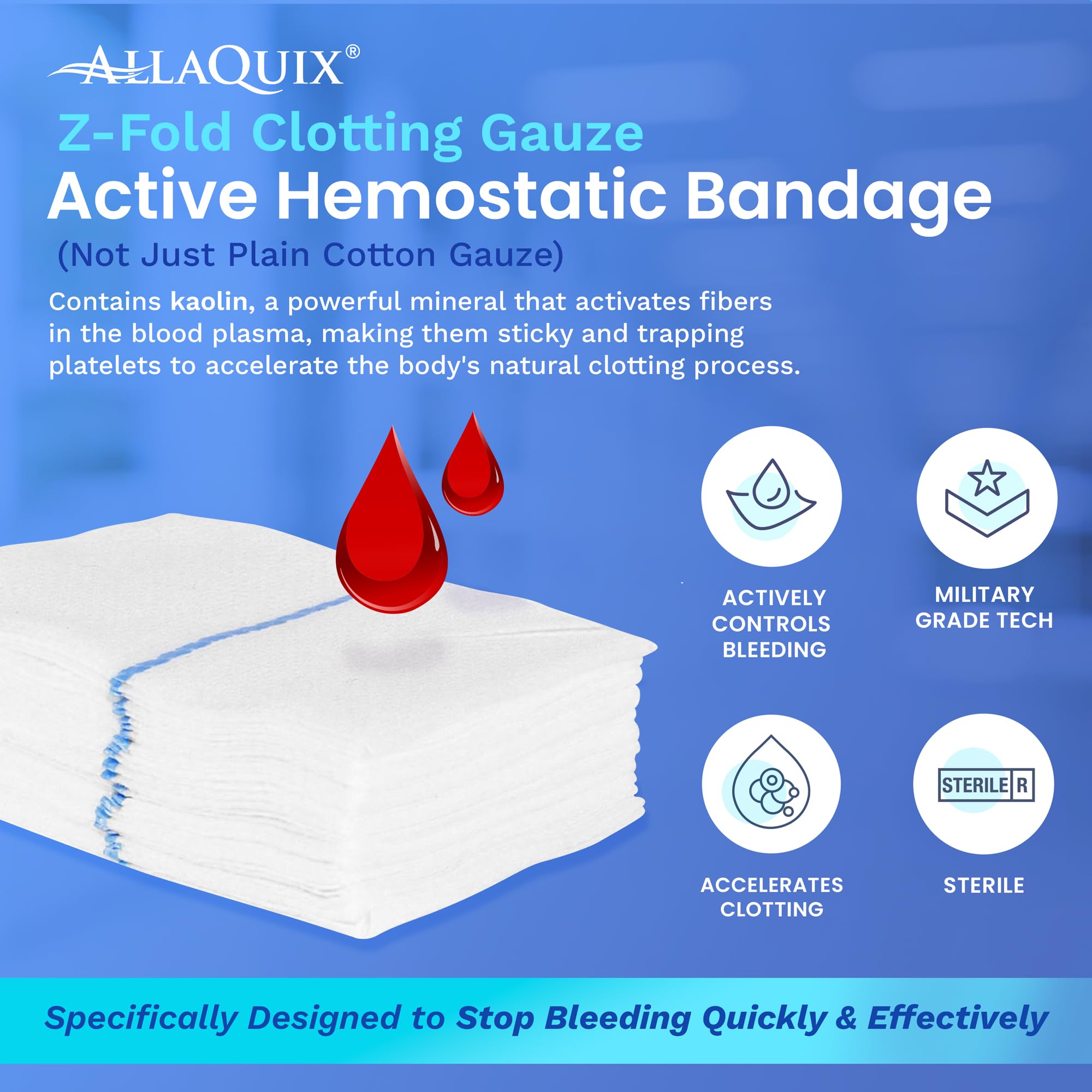 AllaQuix Advanced Kaolin Hemostatic Bandage - Sterile Z-Fold Clotting Gauze (3 in. x 3.3 ft) | Stops Bleeding Fast for Emergency