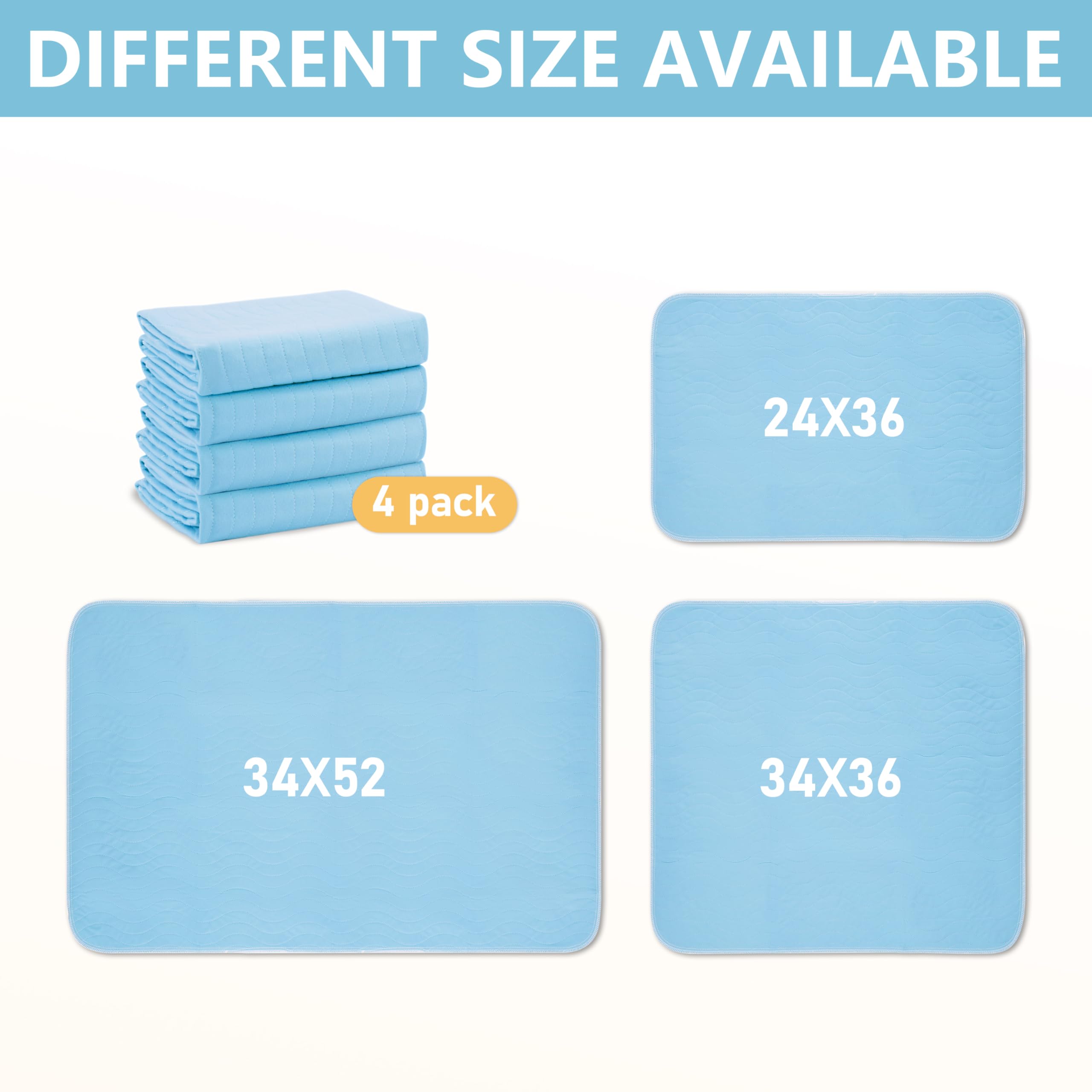 DAHAPYBOO Washable Underpads, 34x52 4 Pack Incontinence Bed Pads, Heavy Absorbency Reusable for Elderly, Kids, Adults and Pets,