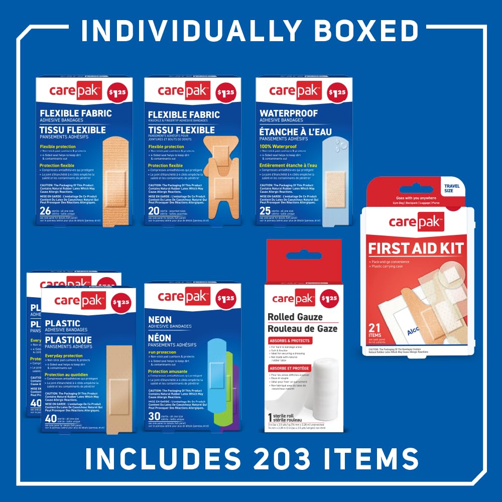 Care Science CarePak Variety Pack 203pc, Assorted | Includes Sheer, Waterproof, Plastic Bandages and a First Aid Kit. Breathable
