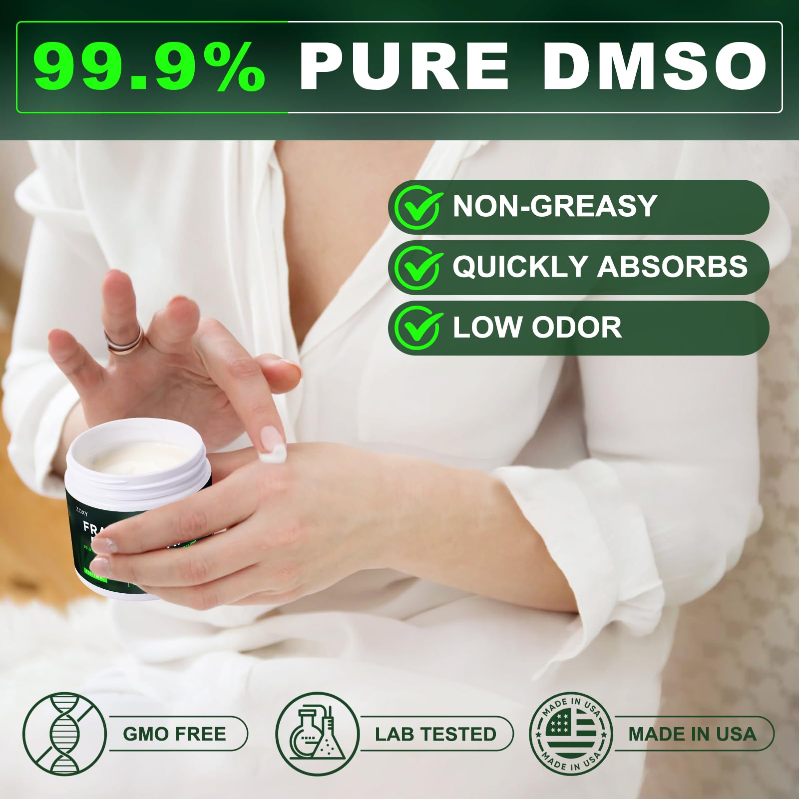 ZOXY DMSO Cream, 99.9% Pure, with Magnesium, MSM, Frankincense, Aloe Vera, Turmeric, Herbal, and Arnica, Quickly Absorbed, Low O