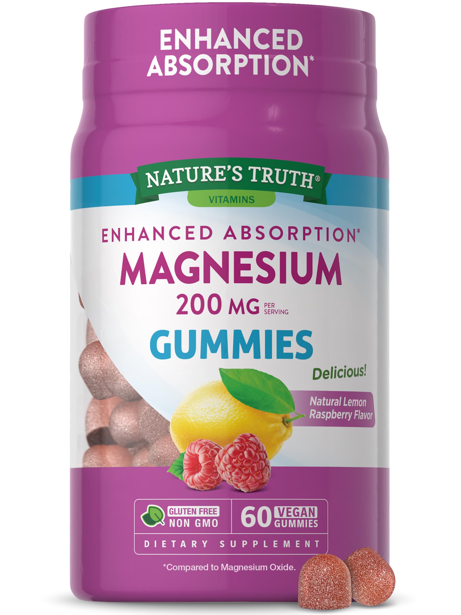 Magnesium Gummies | 200mg | 60 Count | Vegan, Non-GMO & Gluten Free Supplement | Enhanced Absorption Magnesium Citrate | by Natu