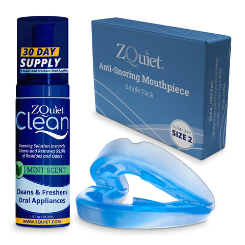 ZQuiet Anti-Snoring Mouthpiece Solution - Comfort Size #2 (Single Device) + Cleaner (1.5oz Bottle) - Made in USA Snoring Solutio
