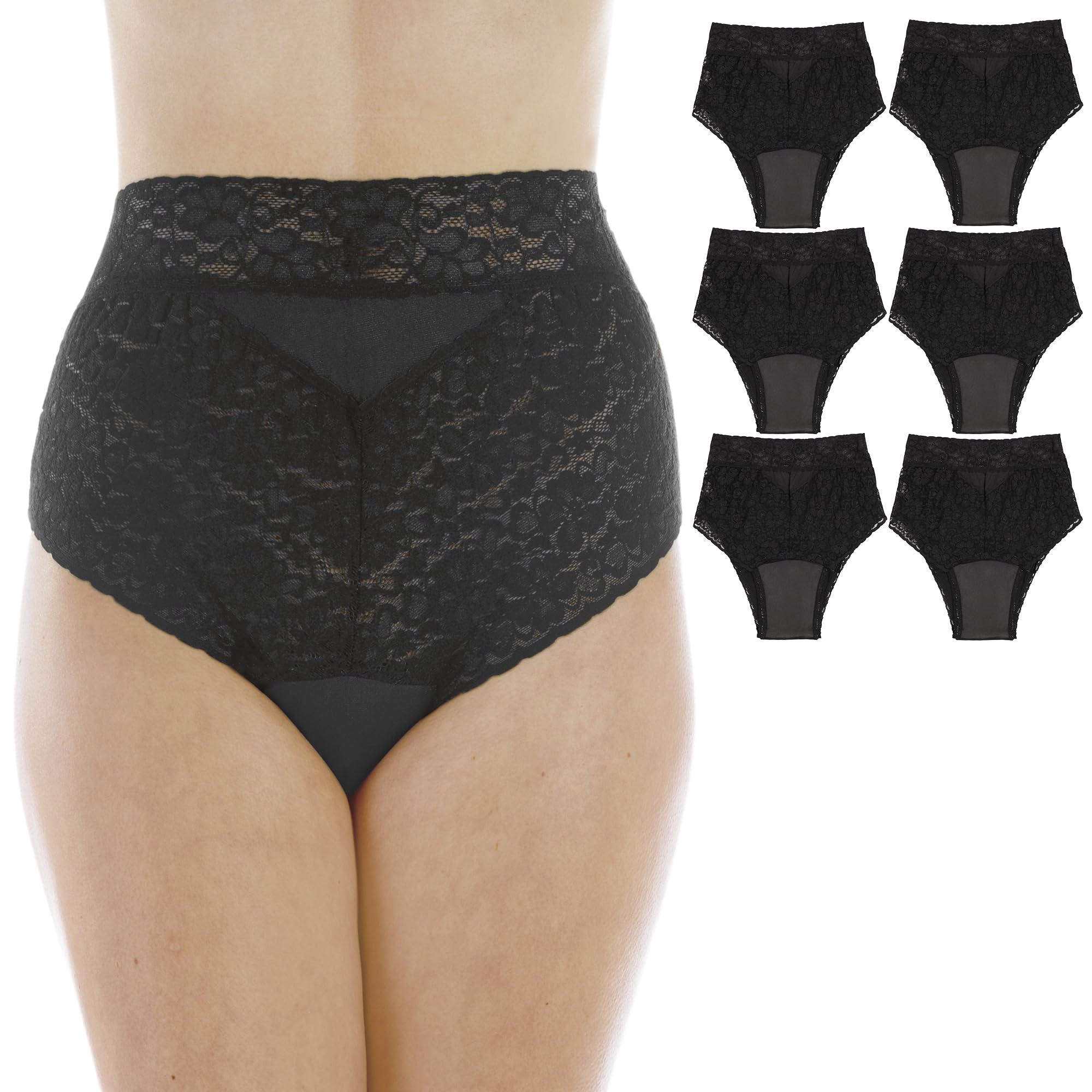 6-Pack Womens Black Lovely Lace Regular Absorbency Incontinence Panties 1X (Fits Hip 43-44)