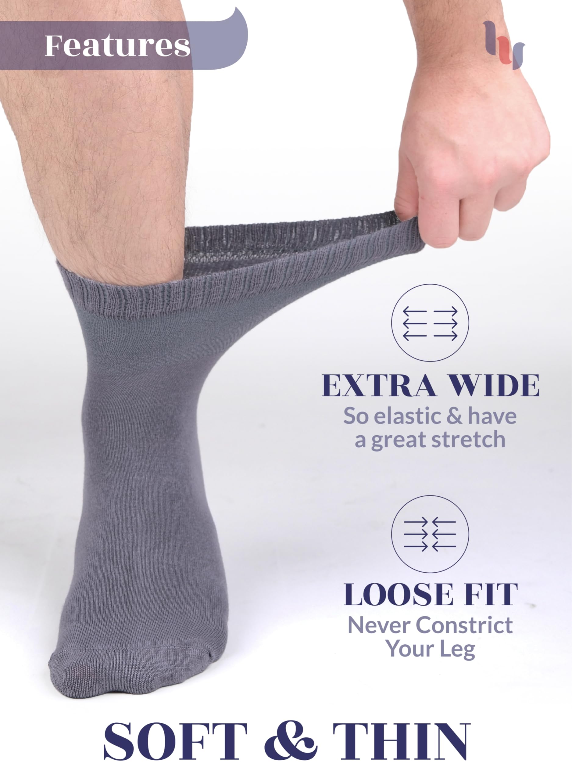 Hugh Ugoli Diabetic Socks for Men, Loose Ankle Socks Bamboo, Extra-Wide, Thin, Seamless Toe and Non-Binding Top, 4 Pairs, Dark G