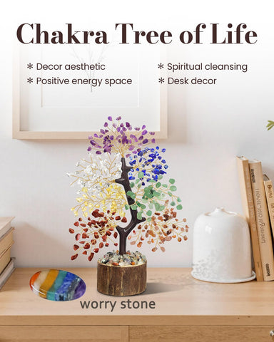 7 Chakra Crystal Tree of Life with Worry Stone (Set 2) - Unique Birthday Gifts for Women, Valentine's Day Gift, Chakra Trees Hea