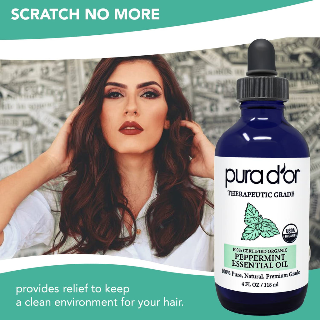PURA DOR Organic Peppermint Essential Oil (4oz with Glass Dropper) 100% Pure & Natural Therapeutic Grade - Hair, Body, Skin, Ar