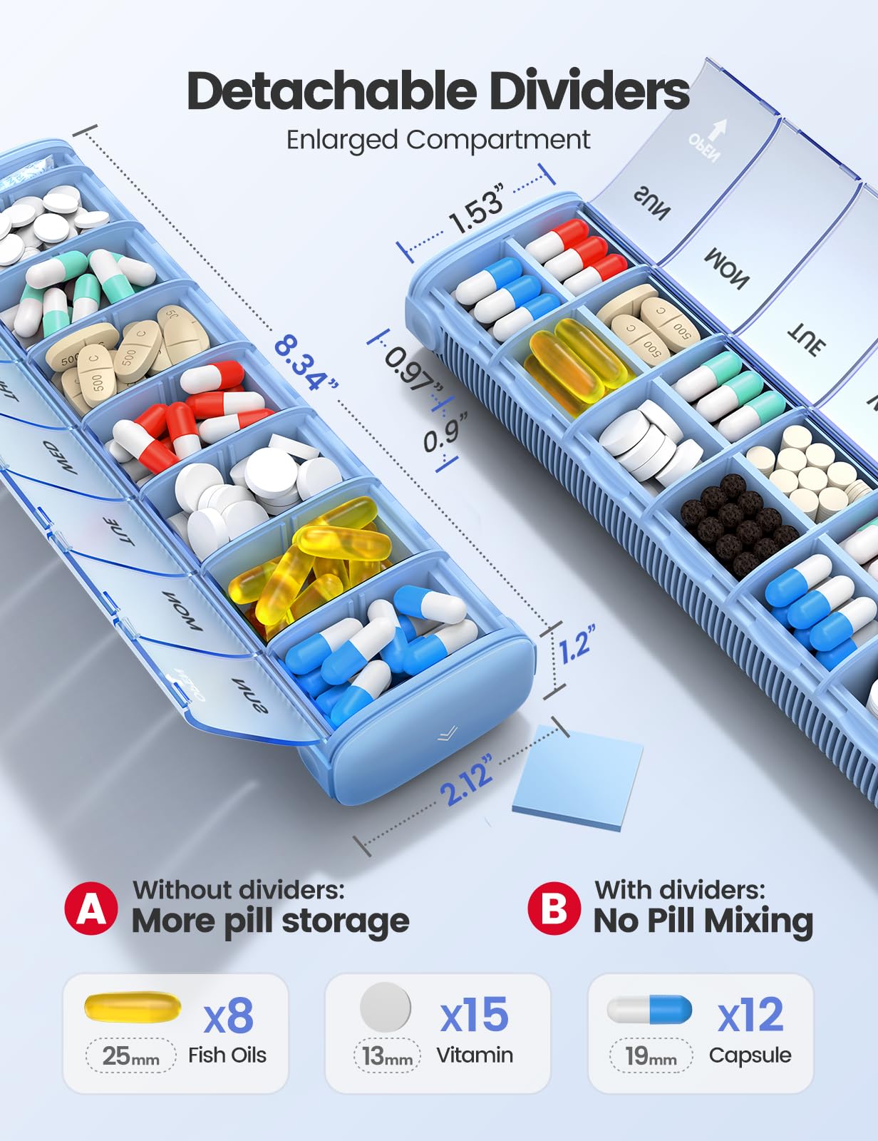 Vaydeer Metal Travel Pill Organizer, 7 Day Weekly Pill Box, Large Capacity Daily Cute Pill Case for Supplements, Pills, Vitamins
