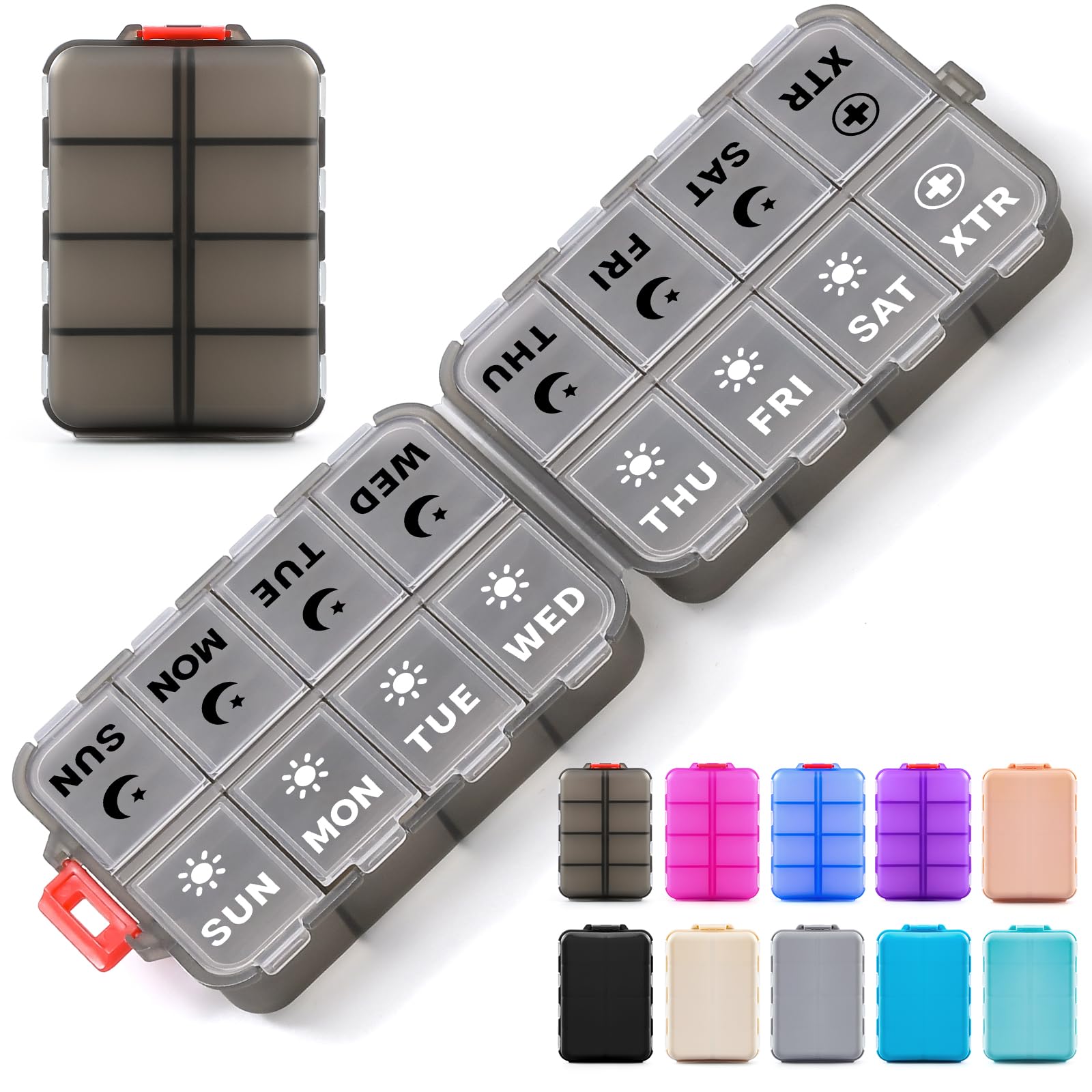 Foldable Weekly Pill Organizer 2 Times a Day with 2 Extra Compartments (Clear Printed Labels) - 7 Day AM PM Medicine Box, Week D