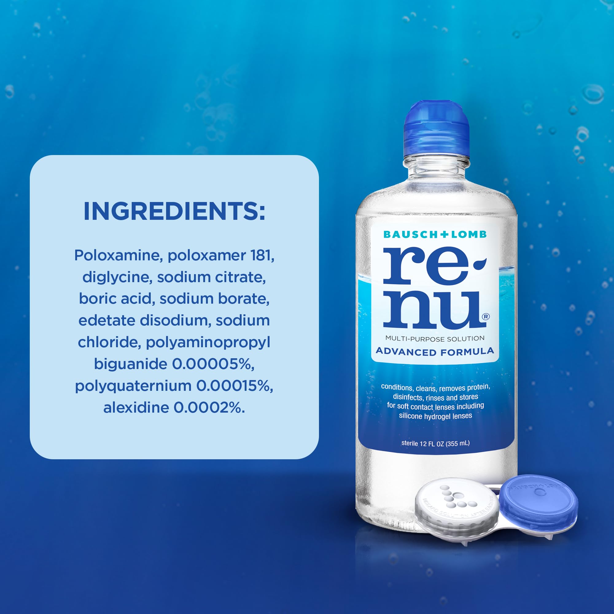 Renu Contact Lens Solution Multipurpose Disinfectant, Advanced Formula Lens Cleaner, Cleans & Moisturizes Soft & Silicon Hydroge