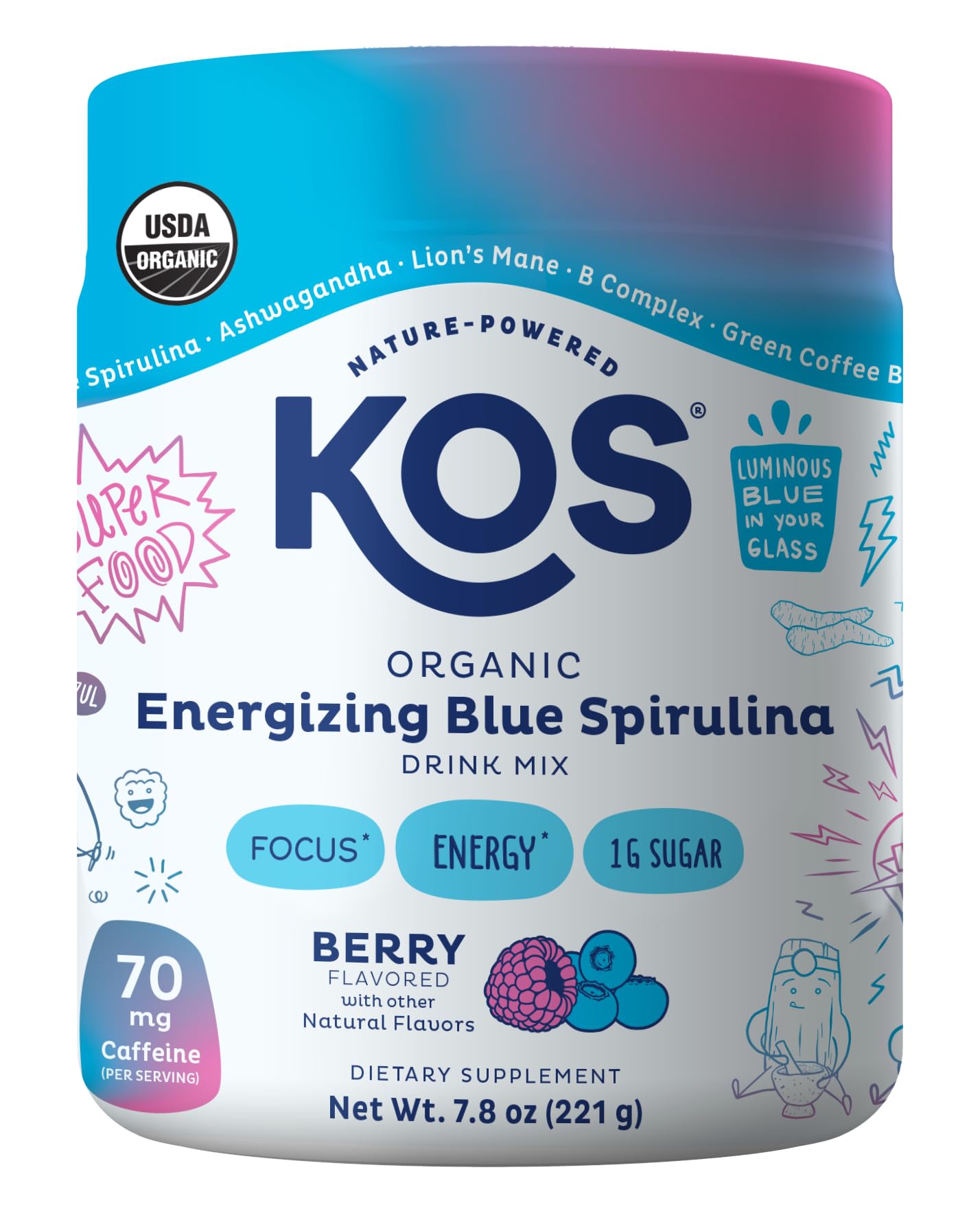 KOS Energizing Blue Spirulina Blend - USDA Certified Organic - B Vitamins, Ashwagandha, Ginseng, Adaptogens, Biotin - Vegan Pre 