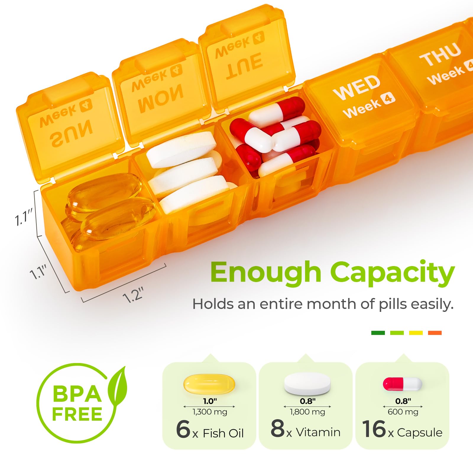AUVON Monthly Pill Organizer Moistureproof, Large 28 Days Pill Case with Removable 4 Weeks Pill Box Rows, Travel-Friendly Pill C