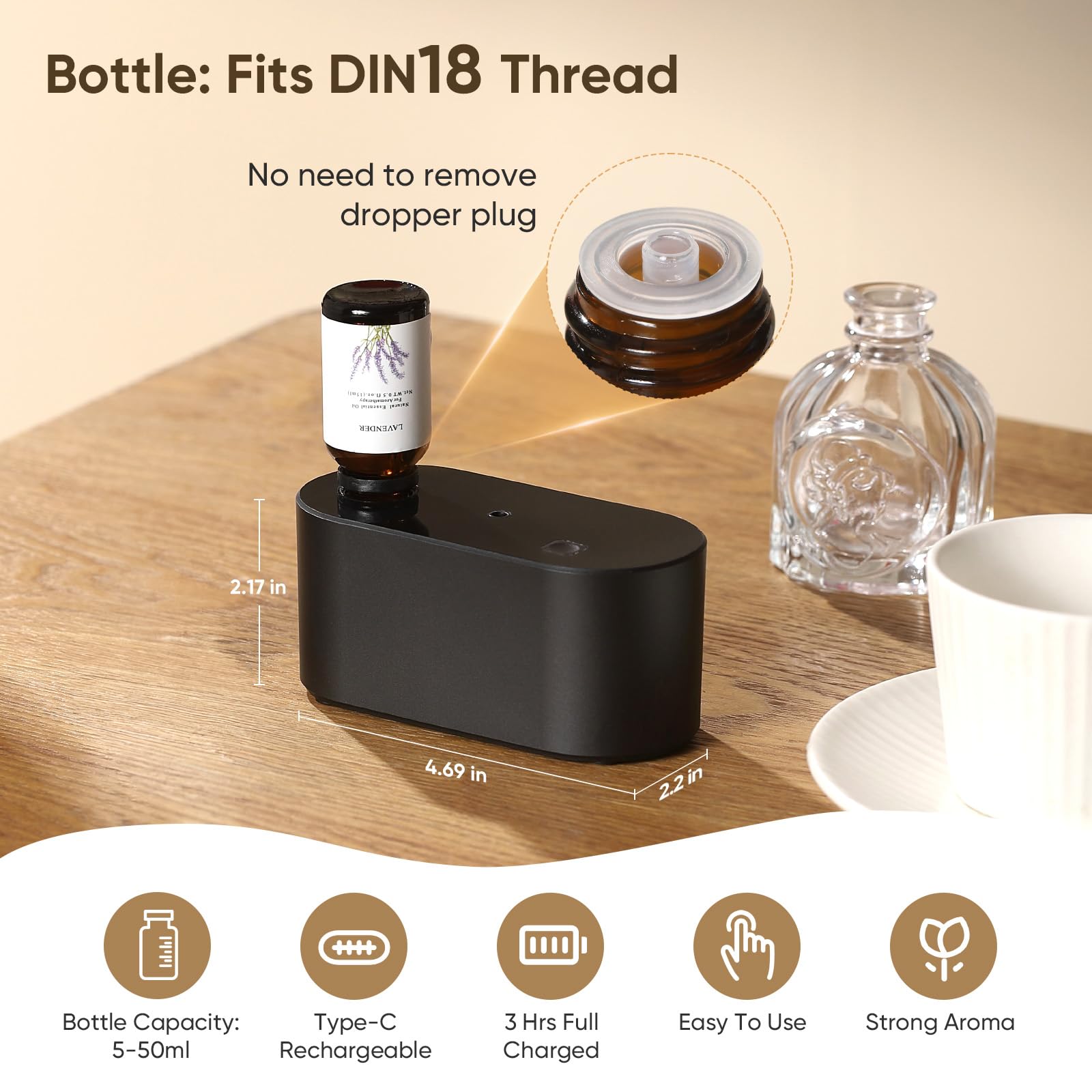Waterless Diffuser for Essential Oil Nebulizer,Battery Operated Mini Scent Air Machine, Aromatherapy Atomizing Diffuser, 3 Mist
