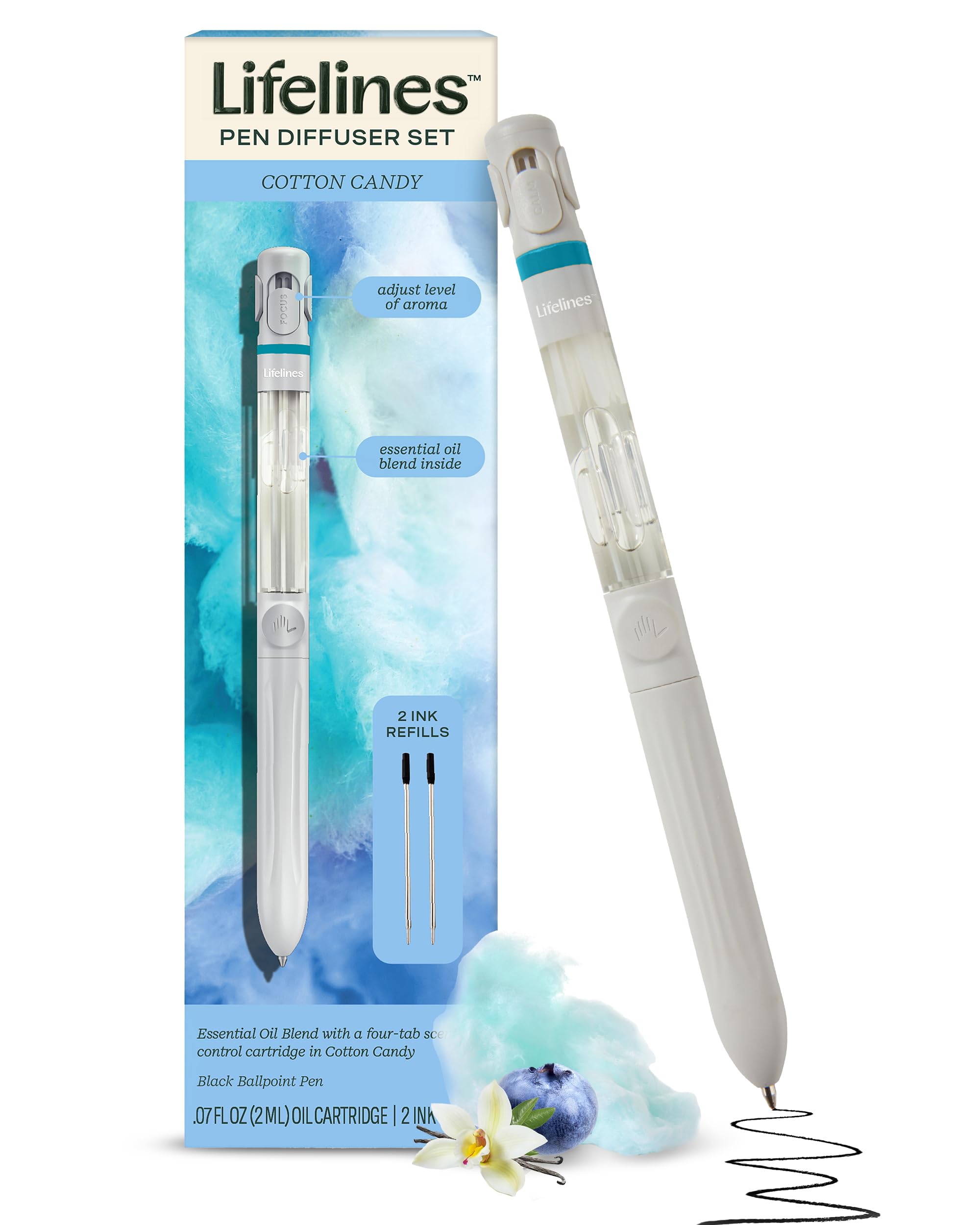 Lifelines Pen Diffuser Set, Cotton Candy - 1mm Black Ballpoint Pen with Scented Essential Oil Blend & 2 Ink Refills - Aromathera