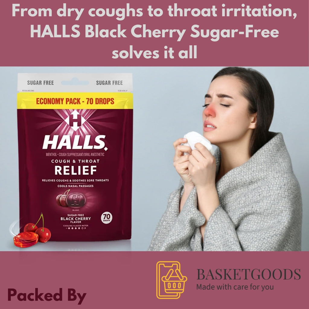 BASKETGOODS Sugar Free Black Cherry - Relief Cough Drops, Sugar Free Cough Drops, Economy Pack 70 Drops (1 Pack), Set with Baske