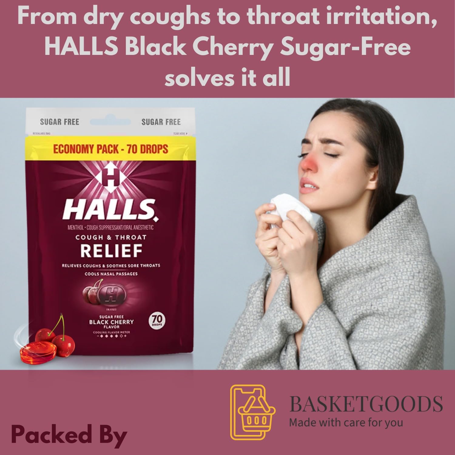BASKETGOODS Sugar Free Black Cherry - Relief Cough Drops, Sugar Free Cough Drops, Economy Pack 70 Drops (1 Pack), Set with Baske