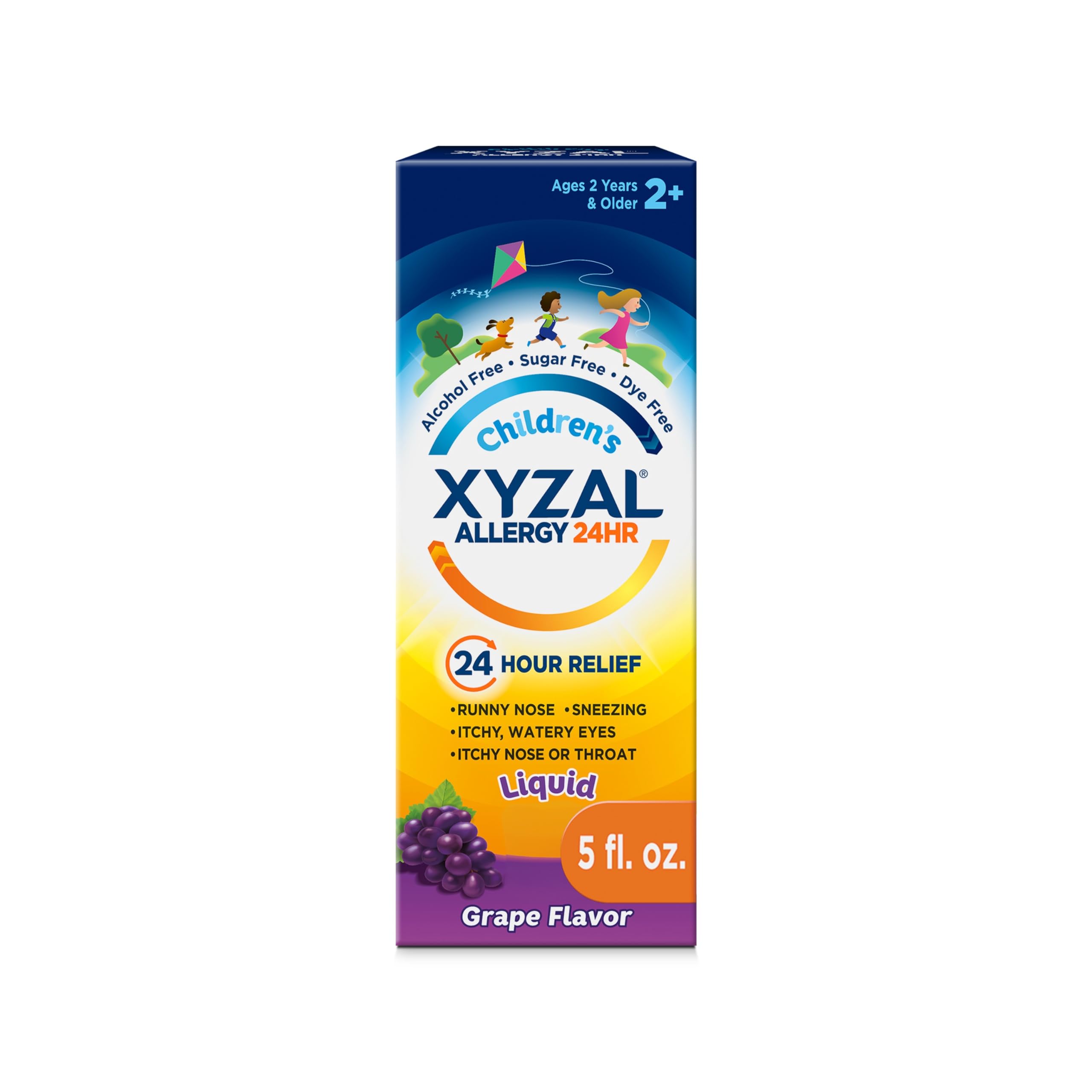 Xyzal Childrens 24 Hour Allergy Relief Medicine for Kids, Levocetirizine Dihydrochloride Liquid Antihistamine, Grape, 5 Fl. oz.