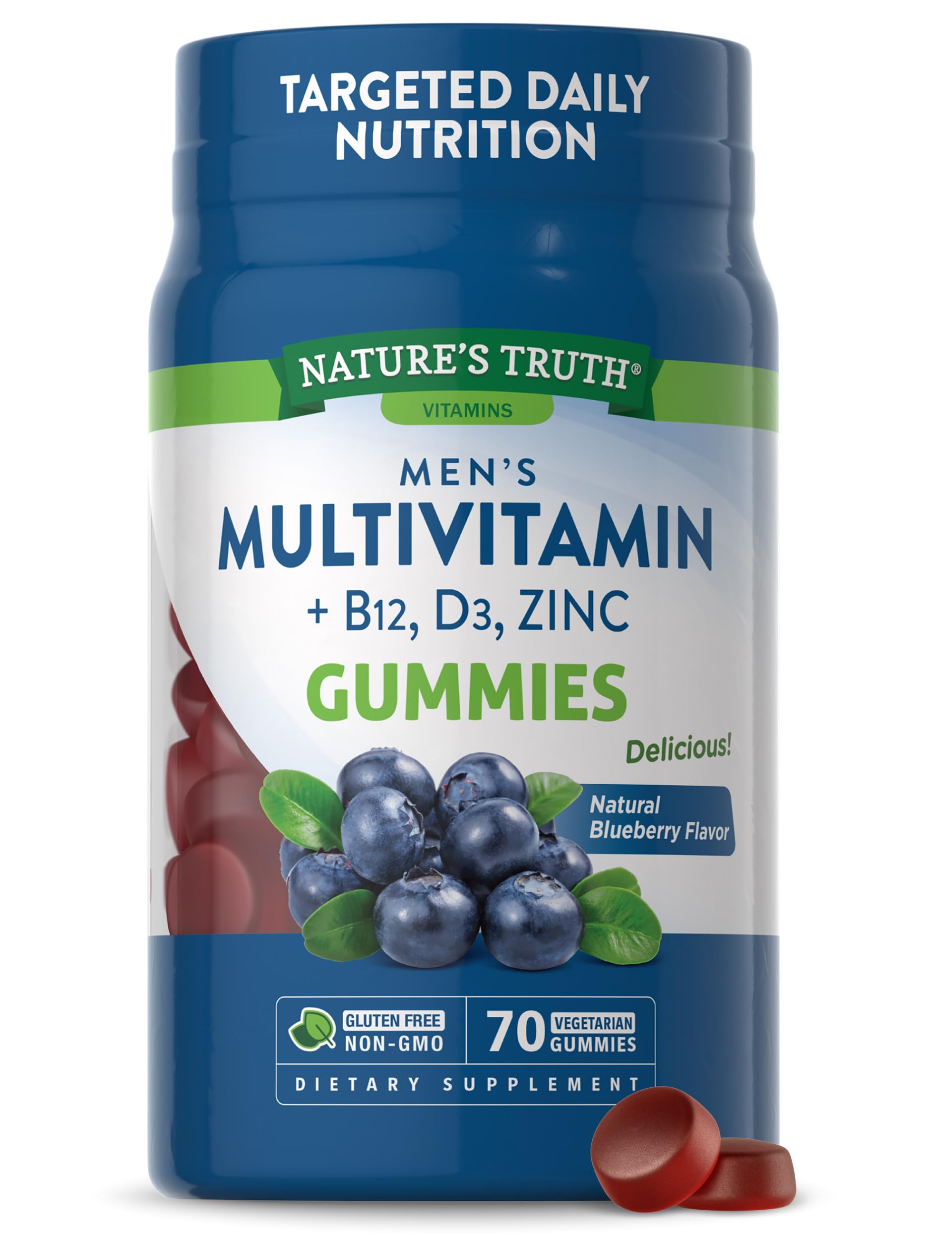 Mens Multivitamin Gummy | 70 Count | Vegetarian, Non-GMO, Gluten Free | with B12, D3, Zinc | Blueberry Flavor | by Natures Trut