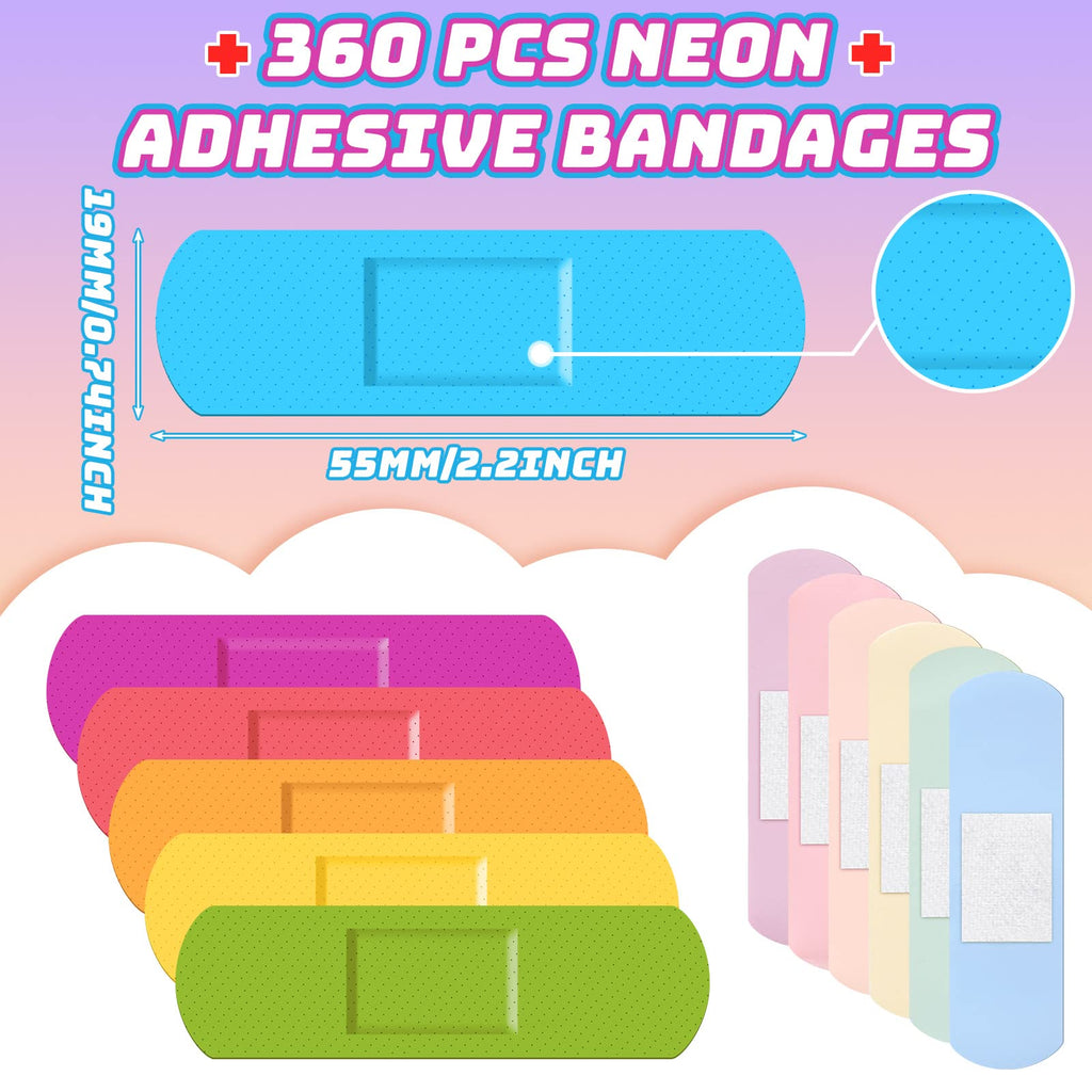 Yinder 360 Pcs Kids Bandages Bulk Colorful Flexible Bandages Neon Waterproof Breathable Strip Protect Cuts and Scrapes for Child