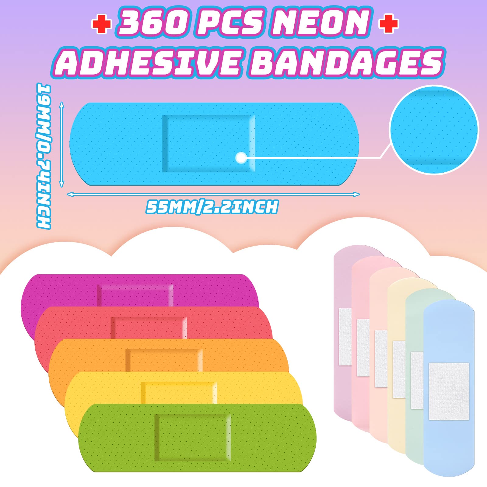 Yinder 360 Pcs Kids Bandages Bulk Colorful Flexible Bandages Neon Waterproof Breathable Strip Protect Cuts and Scrapes for Child