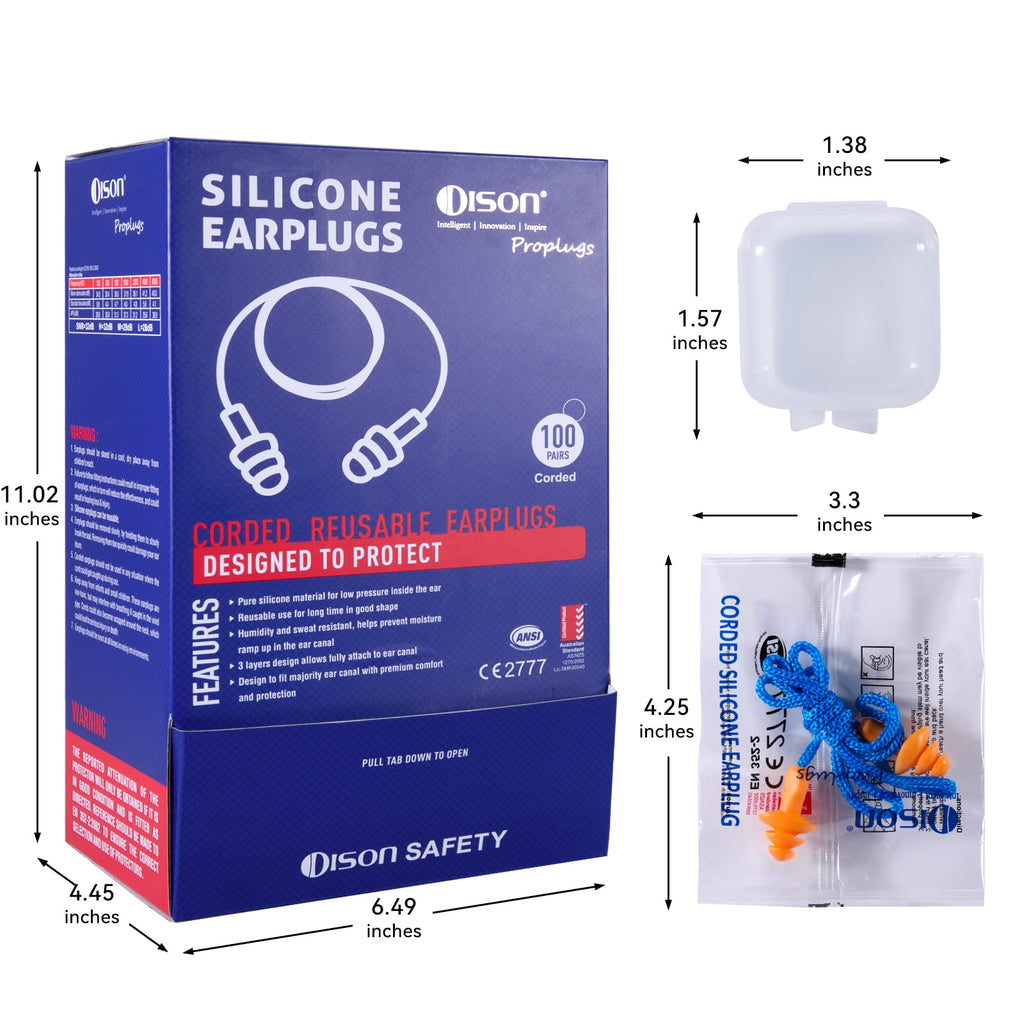 Dison 100Pairs Silicone Ear Plugs, 32dB Corded Reusable Earplugs for Hearing Protection, Noise Reduction for Shooting Range, Wor