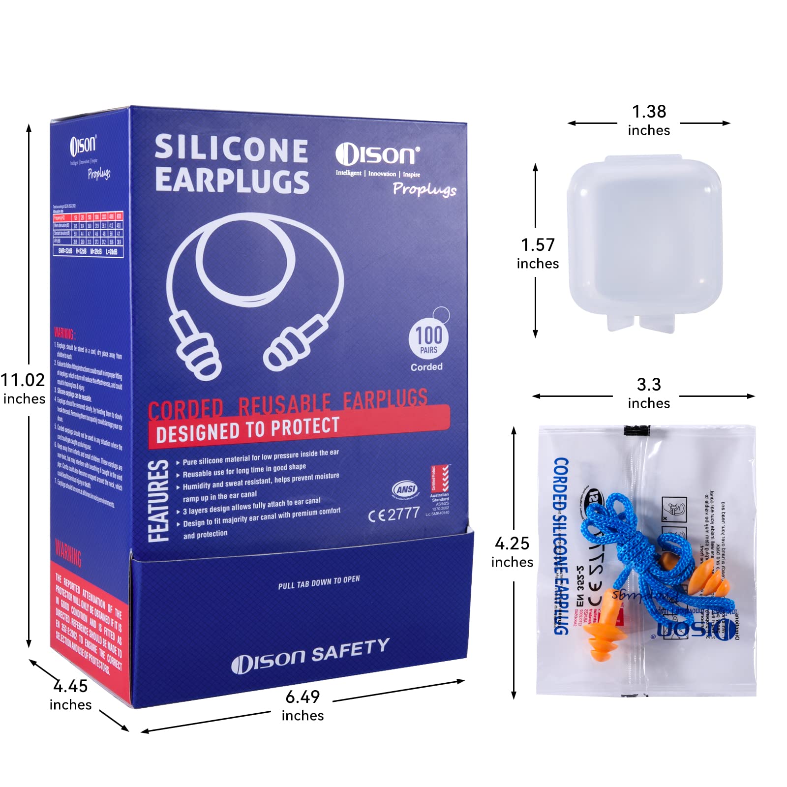 Dison 100Pairs Silicone Ear Plugs, 32dB Corded Reusable Earplugs for Hearing Protection, Noise Reduction for Shooting Range, Wor