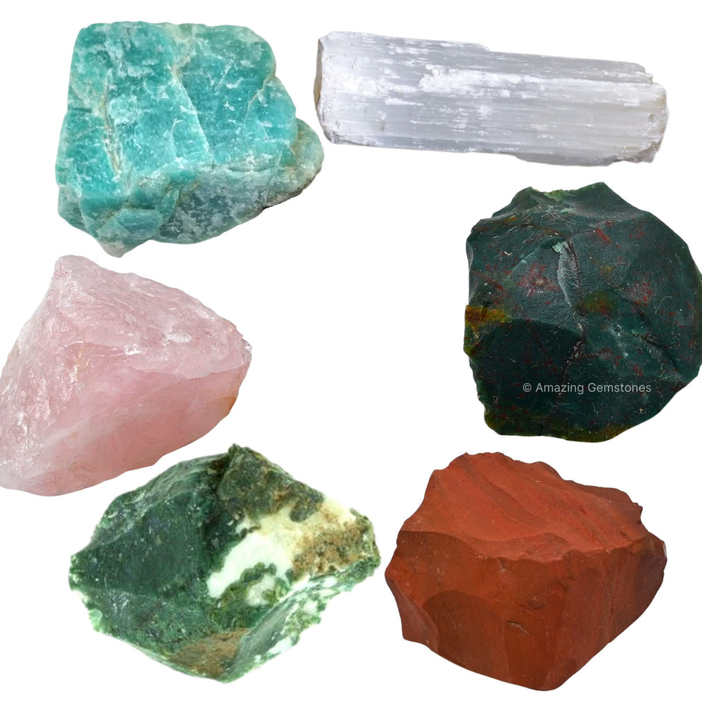 Get Well Soon Gifts for Women Recovery Manifestation Crystals, Set of 6 Blood Stone, Amazonite, Selenite, Rose Quartz, Red Jaspe