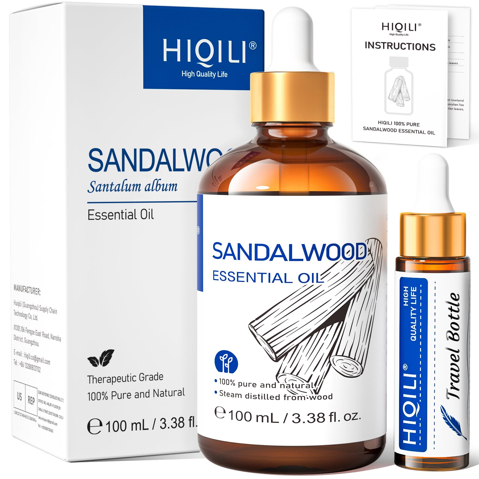 HIQILI 100ML Sandalwood Essential Oils, Long-Lasting Scent for Perfume, Diffuser, Soap Making & Candle- 3.38 Fl Oz