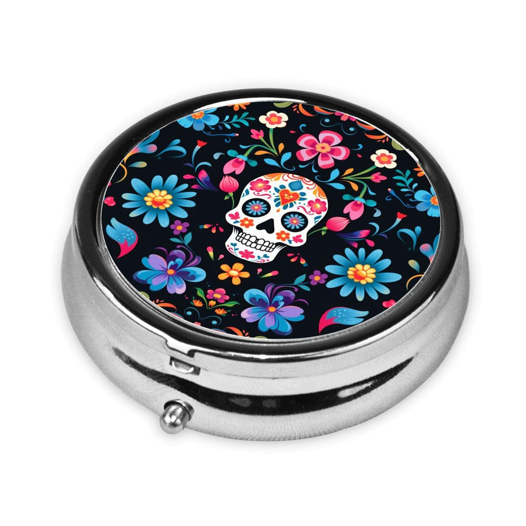 keluki Mexican Sugar Skulls Flowers Print Round Metal Pill Box with 3 Compartment for Pocket or Purse Travel Bag Mini Small Size
