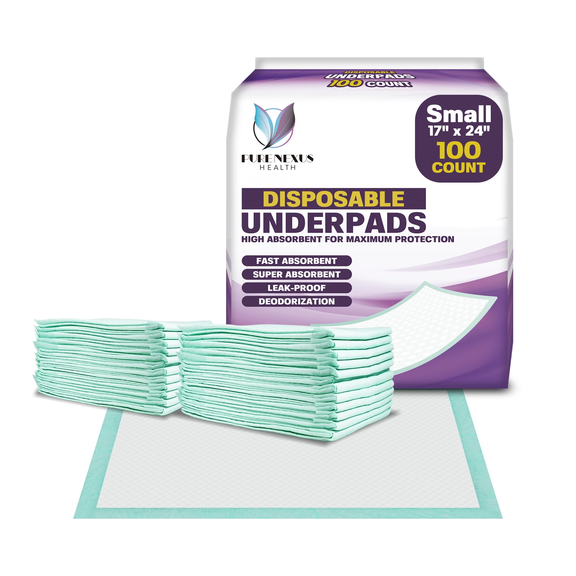 PureNexus Health Disposable Bed Pads for Adults 17 x 24 (100 Count) - Super Absorbent and Waterproof - Incontinence Bed Pads, Ch