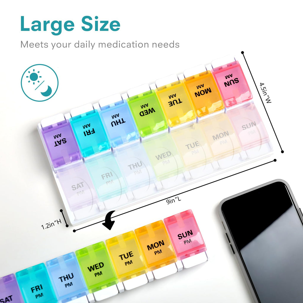 Sukuos AM PM Weekly 7 Day Pill Organizer, 2 Times A Day Pill Box with Arthritis Friendly Push Button, Medicine Cases for Vitamin