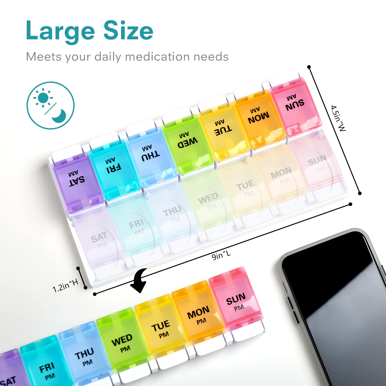 Sukuos AM PM Weekly 7 Day Pill Organizer, 2 Times A Day Pill Box with Arthritis Friendly Push Button, Medicine Cases for Vitamin