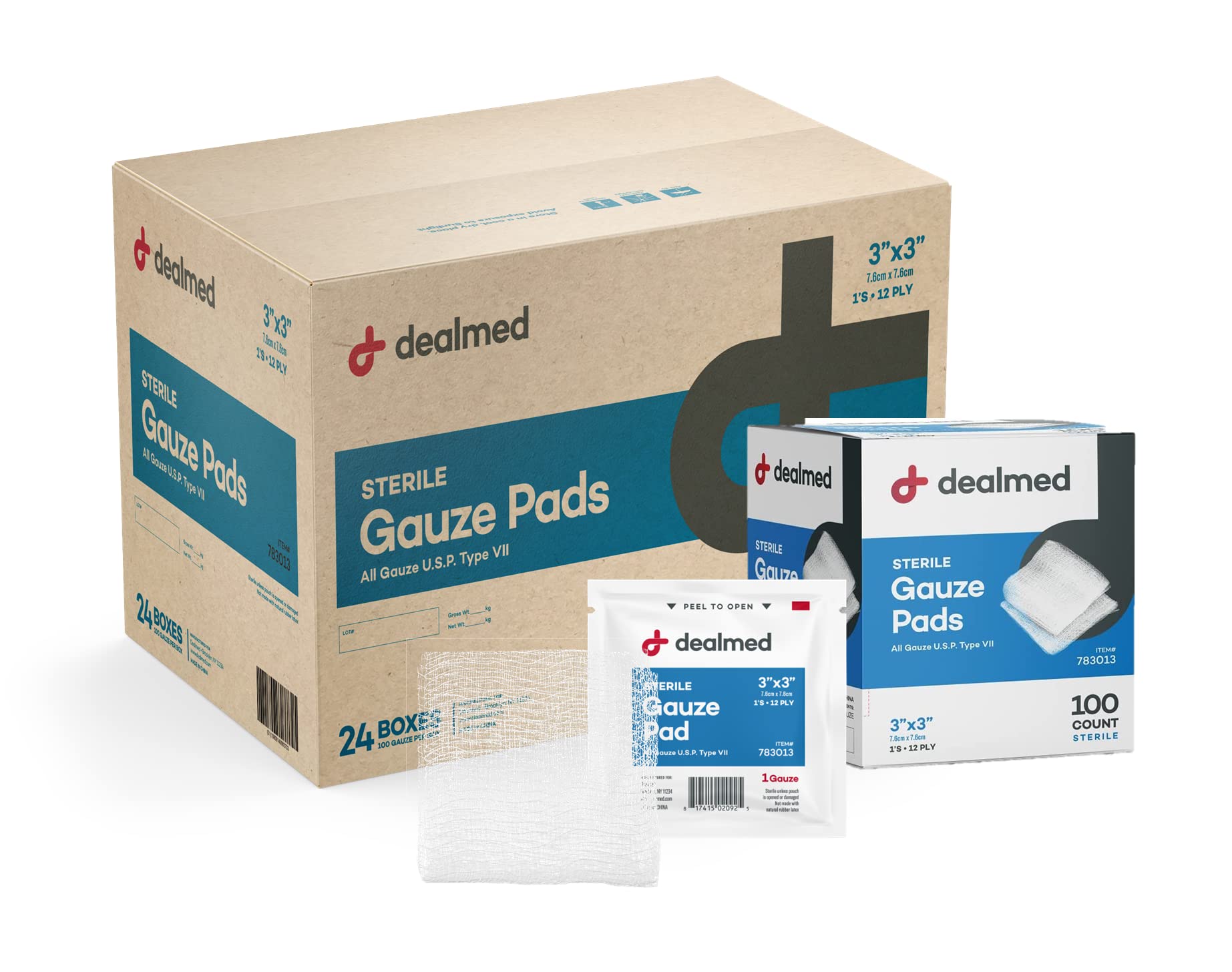 Dealmed Sterile Gauze Pads - 100 Count (Case of 24), 3 x 3 Gauze Pads, Disposable and Individually Wrapped Medical Gauze Pads, W