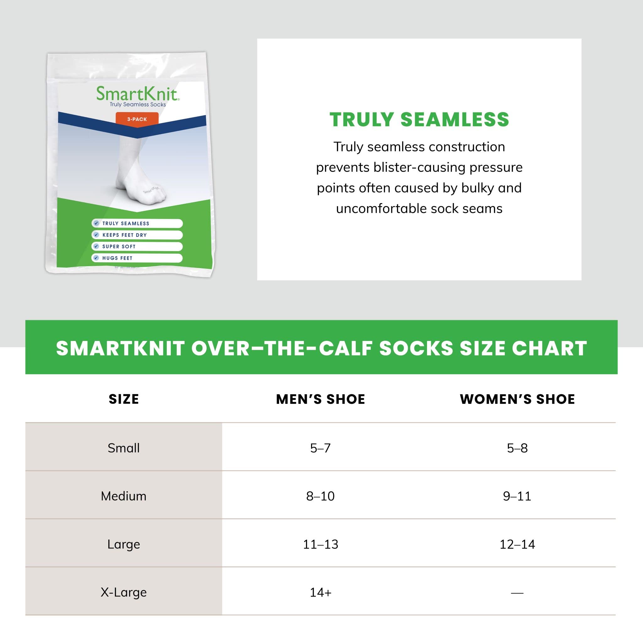 SMARTKNIT Seamless Diabetic Over-The-Calf Socks- 3 Pack (6 Count), Medium, Black White & White