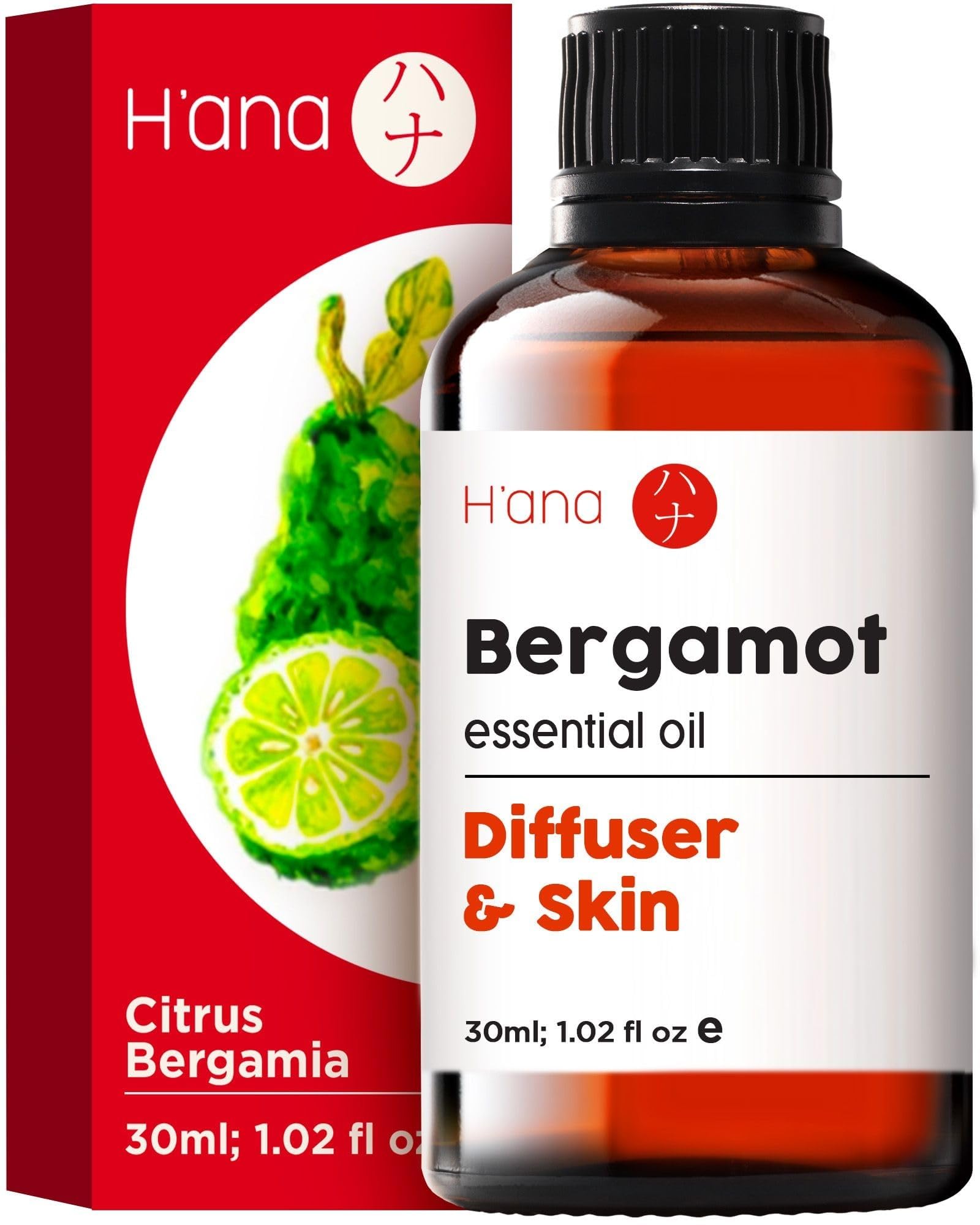 Hana Bergamot Essential Oil - 100% Pure and Natural Bergamot Oil for Diffuser, Hair, Shampoo, Skin and Aromatherapy - With a Fre