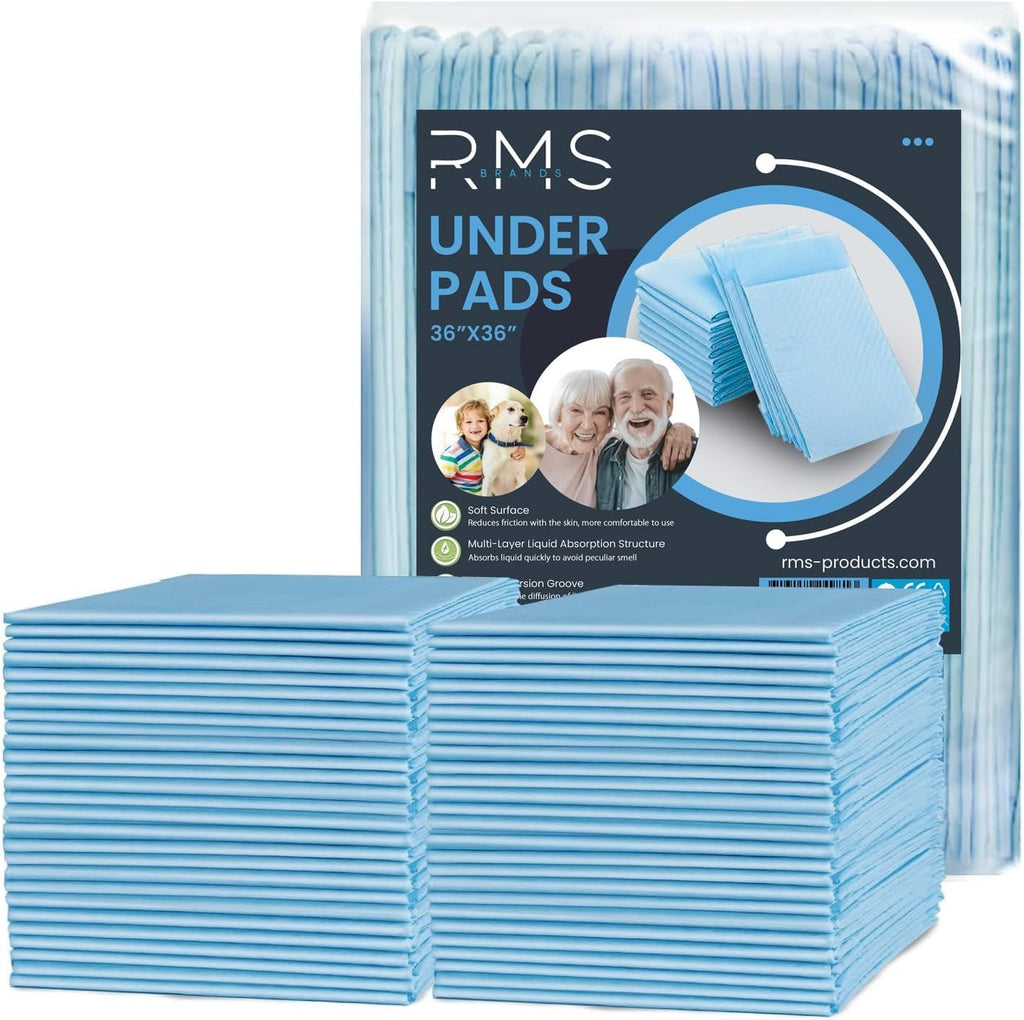 RMS BRANDS Disposable Underpads 36X36 Ultra Soft 6-Layer Protection, 8g SAP Leak Proof 80g Heavy Incontinence Bed Pads for Babie