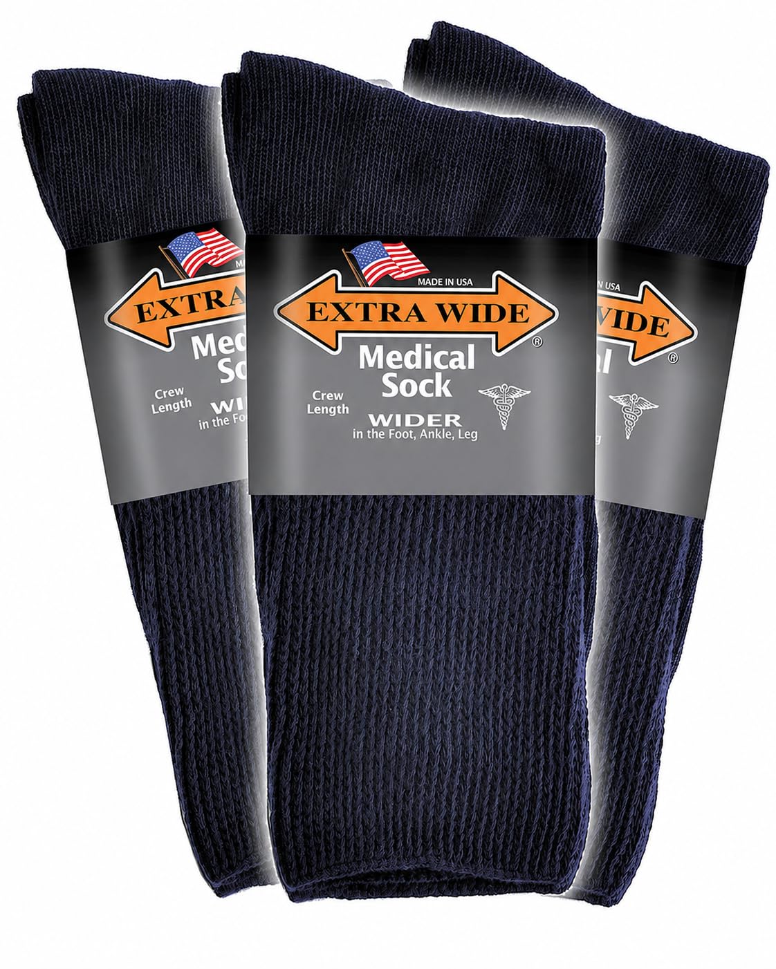 Extra Wide Medical Mid Calf Crew (Pack of 3), Made in USA, for Men and Women