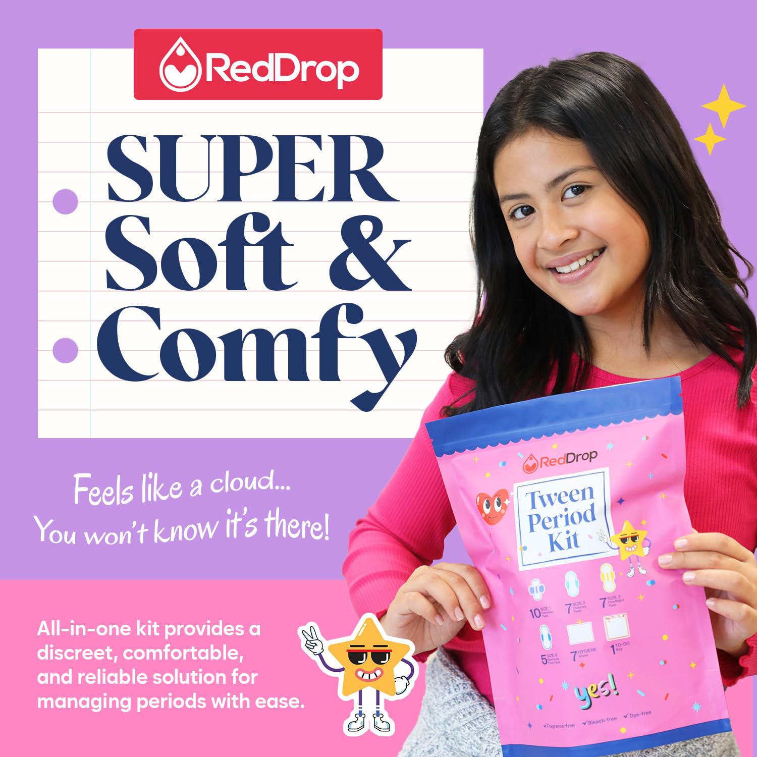 RedDrop Period Kit for Tweens - First Period Kit for Girls 9-12 - Includes 30 Everyday Pads, 14 FlowDay Teen Pads, 14 FlowNight