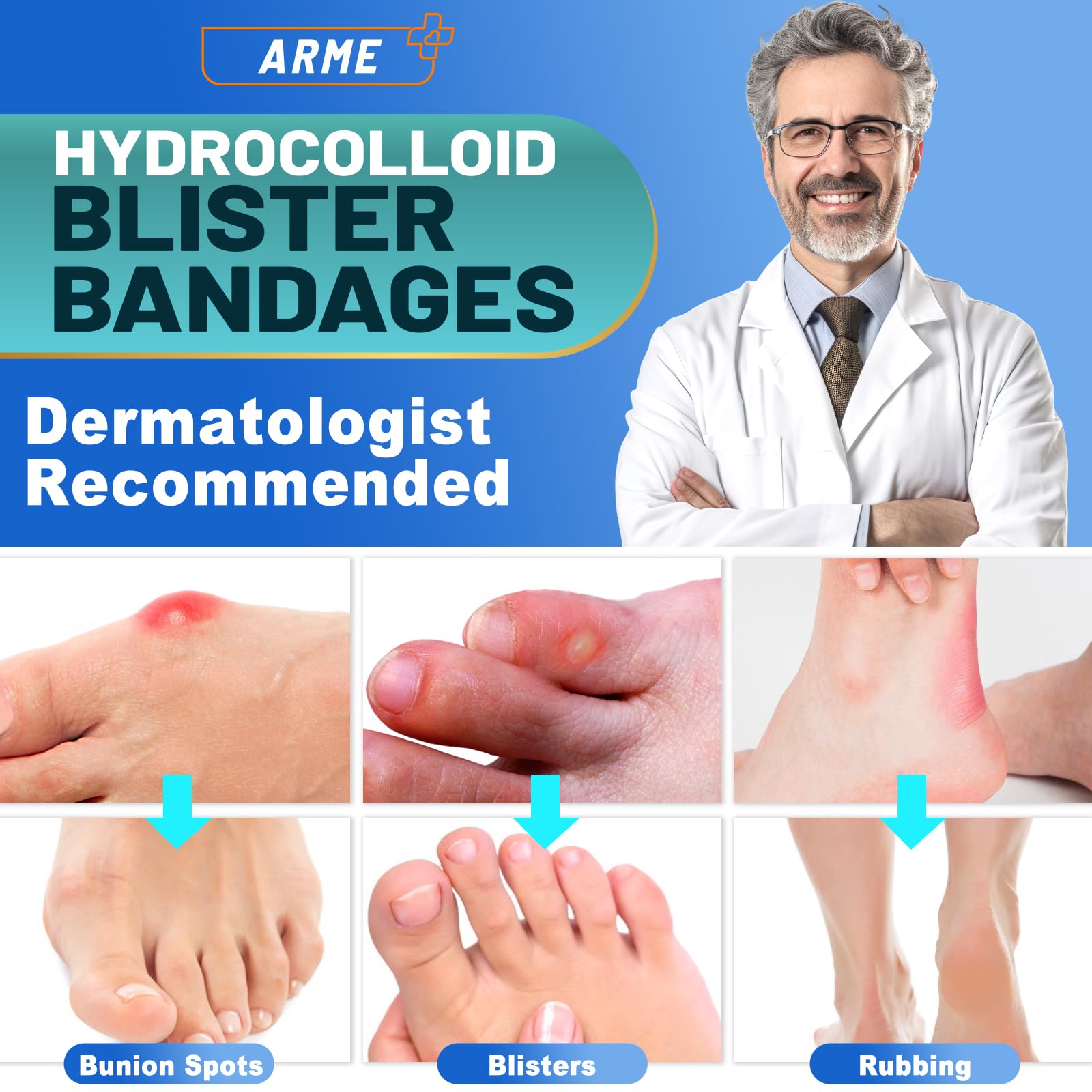 Arme Hydrocolloid Bandages, 120Pcs Gel Blister Bandages for Feet, Waterproof Blister Pads Blister for Prevention & Recovery, Bli