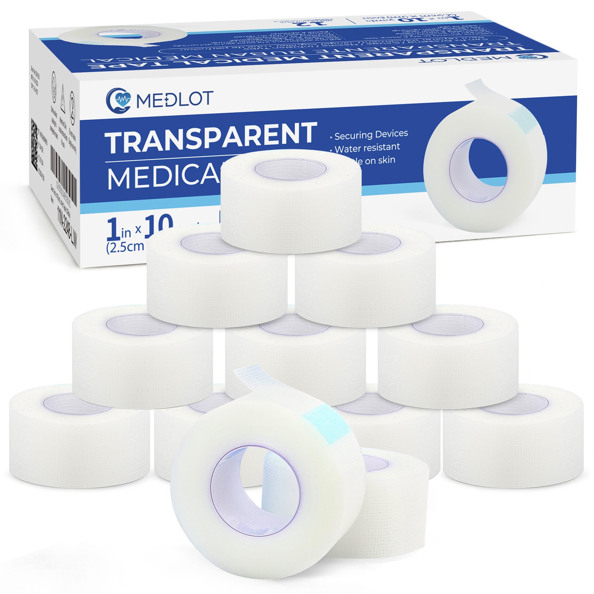 LotFancy Transparent Medical Tape, 12 Rolls Adhesive Clear Hypoallergenic Surgical Tape, PE First Aid Tape for Wound, Bandage, 1