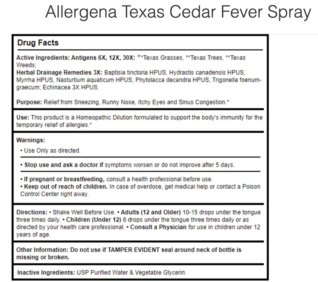 PROGENA Allergena Texas Cedar Fever (2 Fl Ounce Spray, Adult)