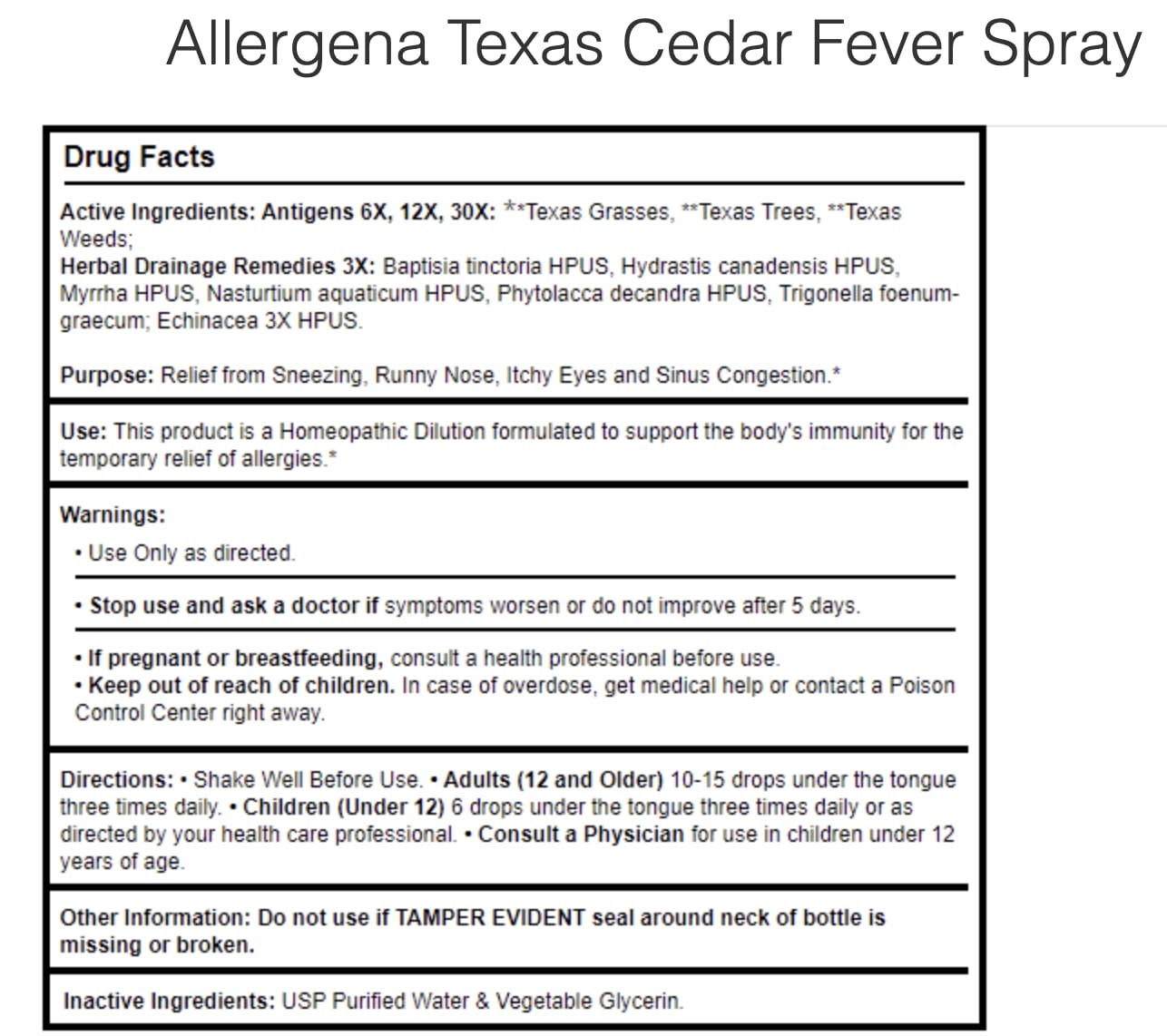 PROGENA Allergena Texas Cedar Fever (2 Fl Ounce Spray, Adult)