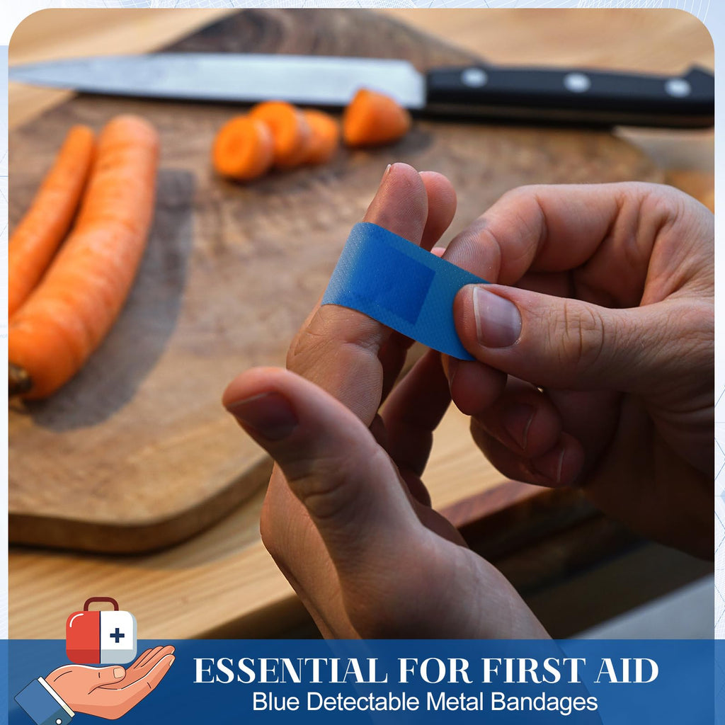 Geiserailie 200 Pcs Blue Fabric Bandages Food Service Metal Detectable 3 x 1 Waterproof Adhesive Bandages Bulk Sterile Processin